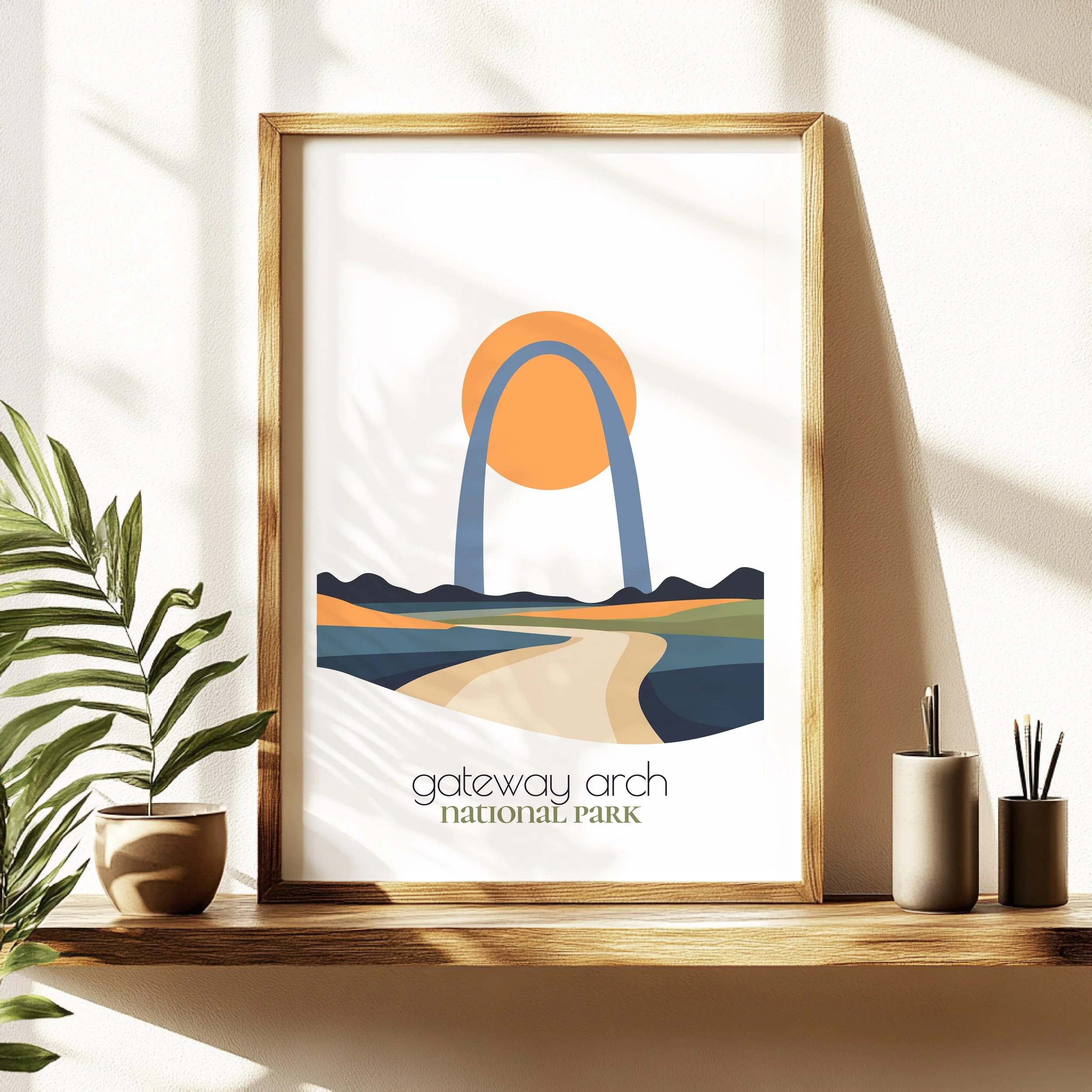 Gateway Arch travel poster in a minimalist living room design
