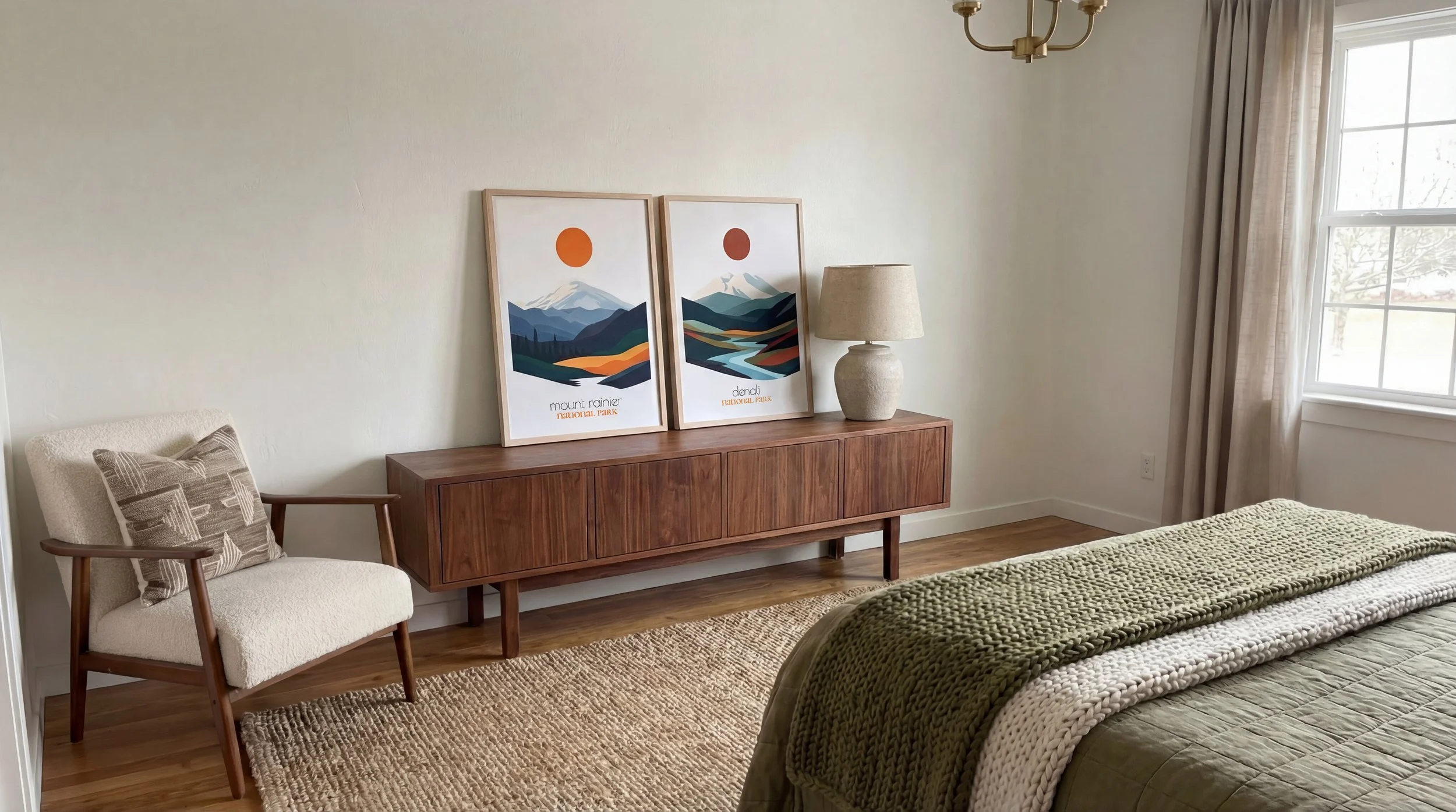 Bedroom with bed covered in green blanket, a wooden sideboard with two landscape posters and a table lamp, a beige armchair with a pillow, window with beige curtains, wooden floor and a woven rug.