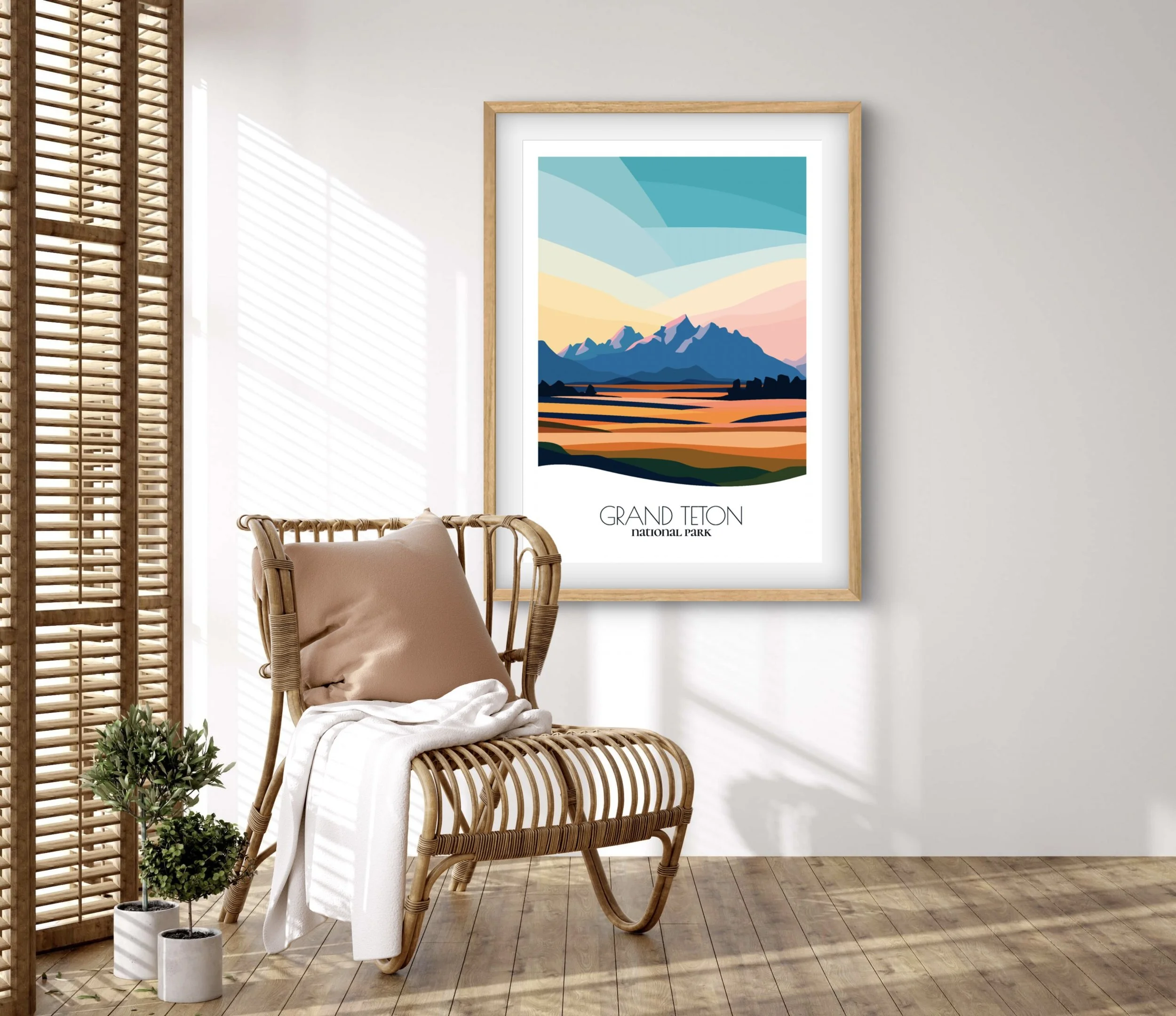 Retravell minimalist poster of Grand Teton National Park, branded travel art for collectors and fans.