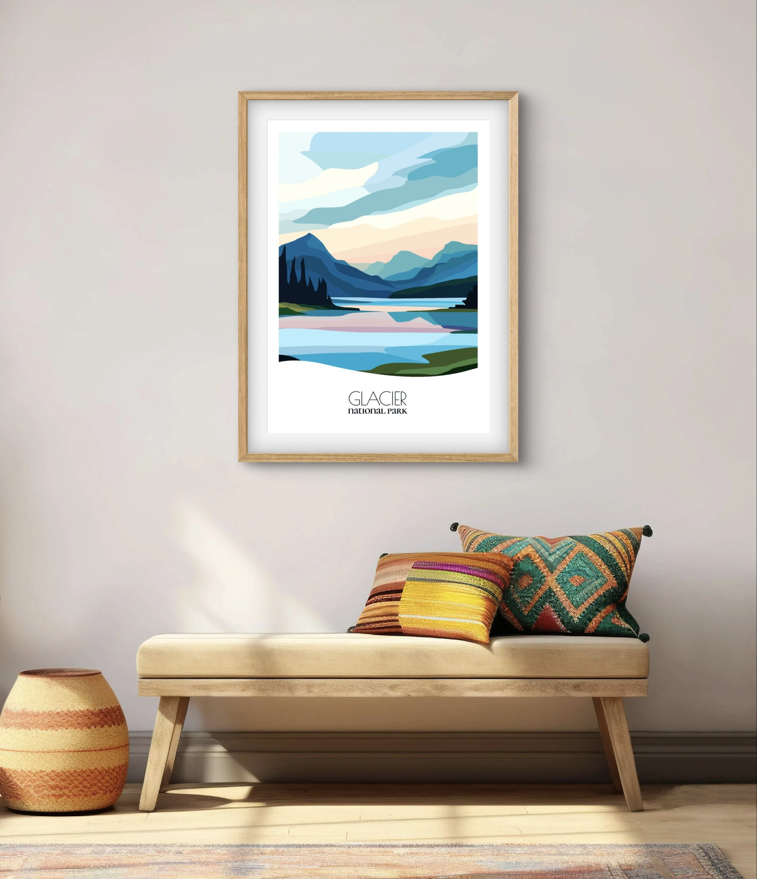 Modern minimalist art of Glacier National Park, versatile decor for home and office.