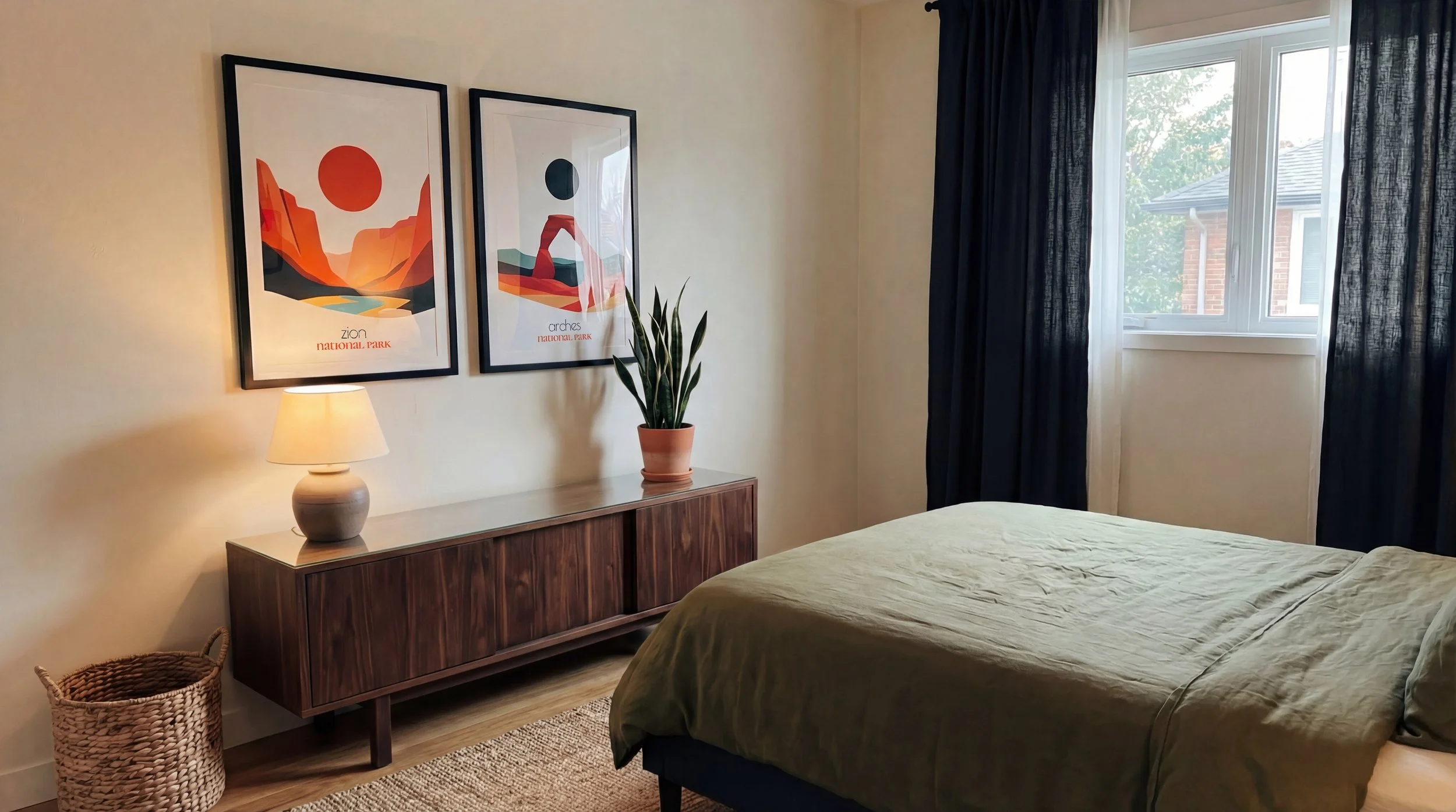 A cozy bedroom with a bed covered in an olive green blanket, black curtains, a wooden sideboard with a potted snake plant and a lamp, framed art prints on the wall, a woven basket, and a window showing a brick house and trees outside.