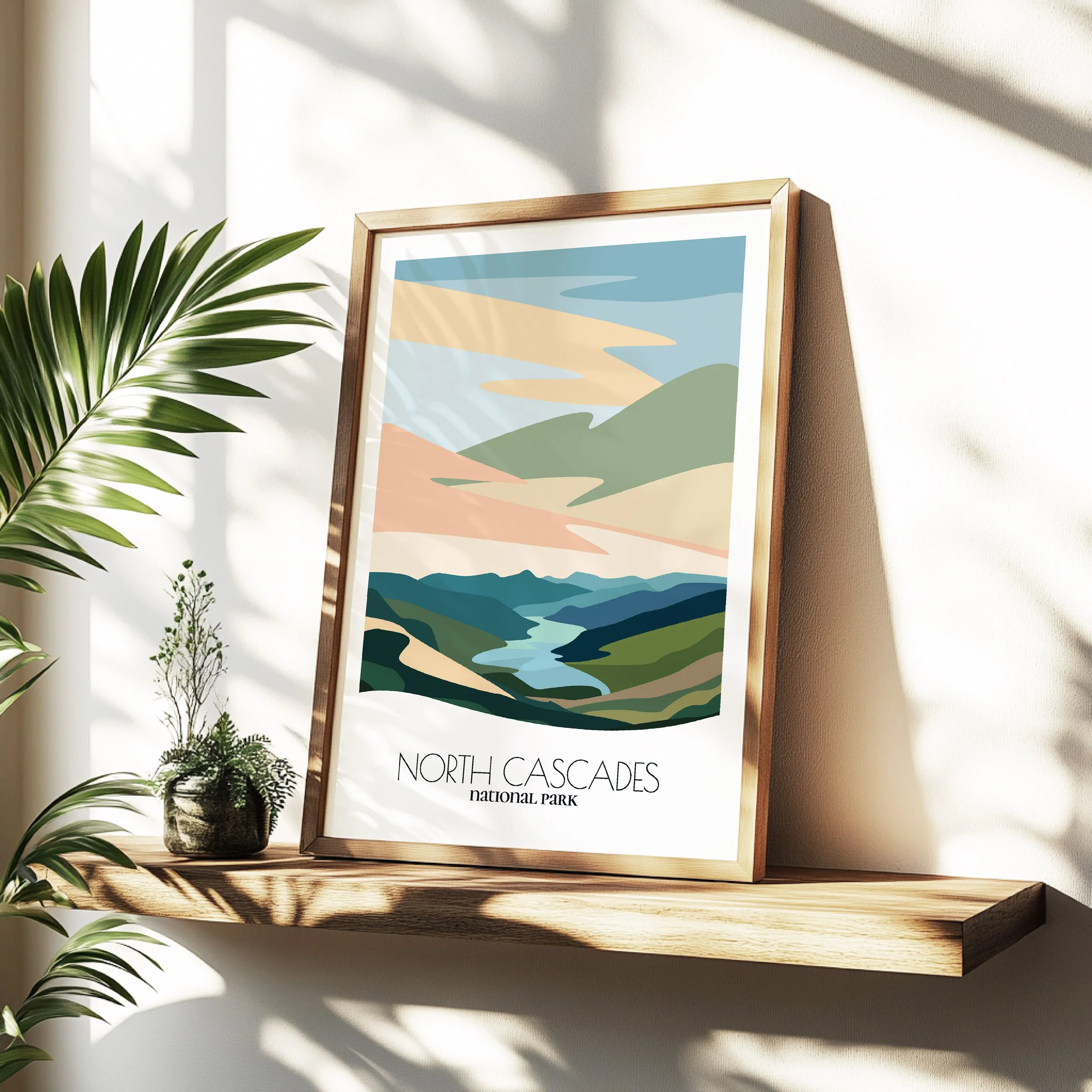 Minimalist travel poster of north cascades with clean modern design for travelers.