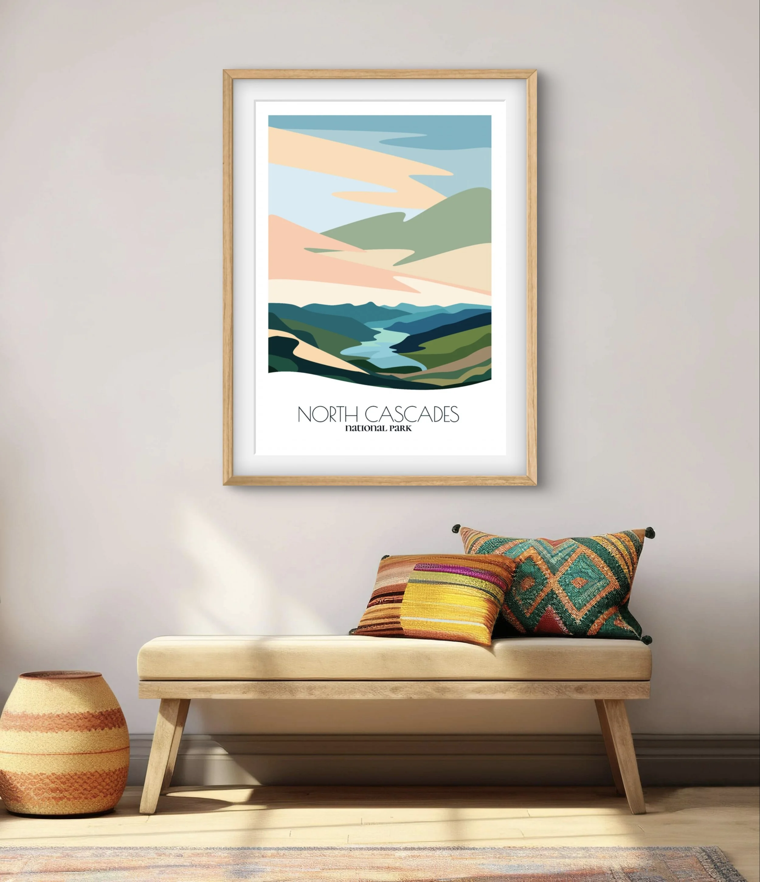 Modern minimalist art of north cascades, versatile decor for home and office.