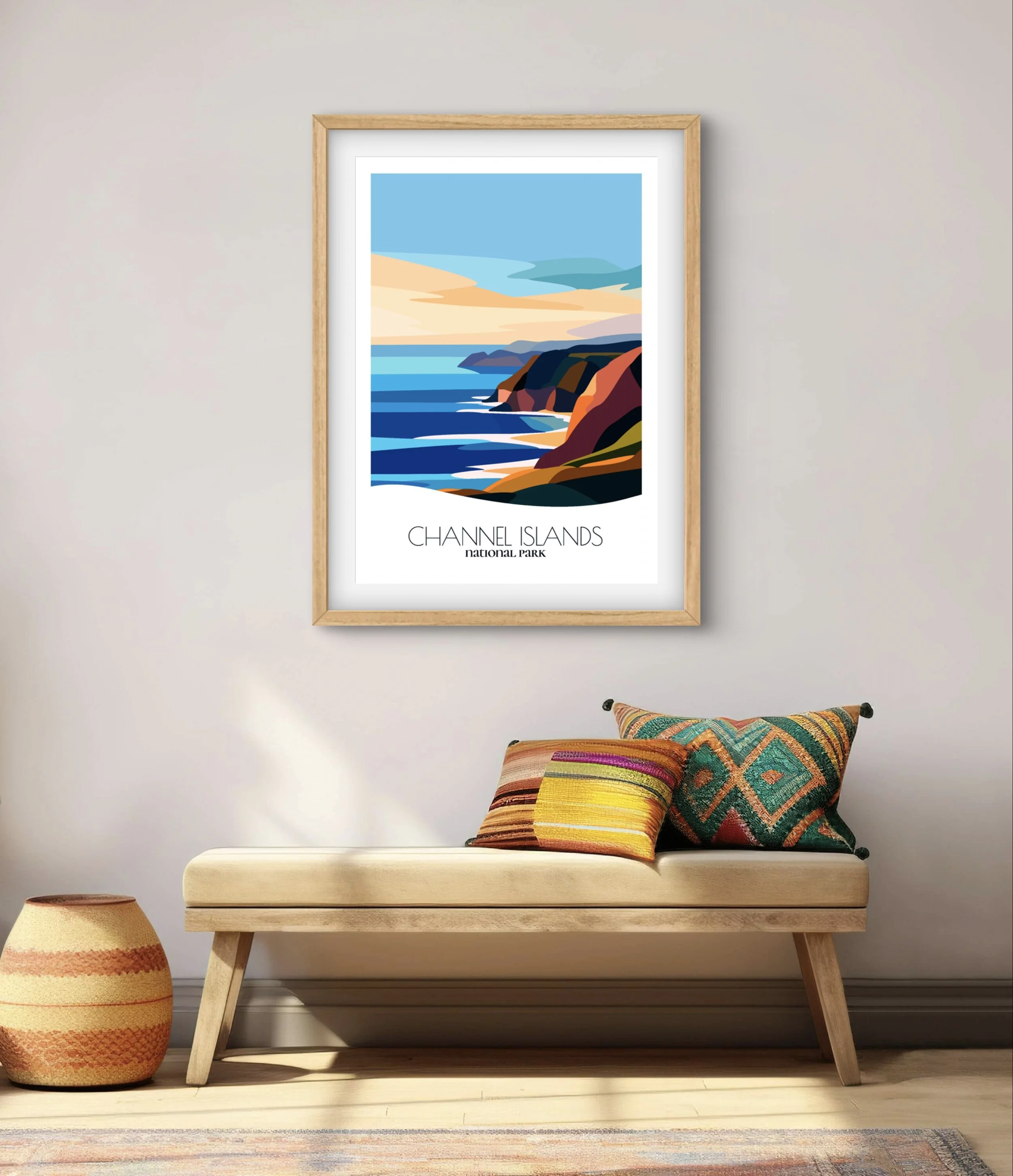 Modern minimalist art of Channel Islands National Park, versatile decor for home and office.