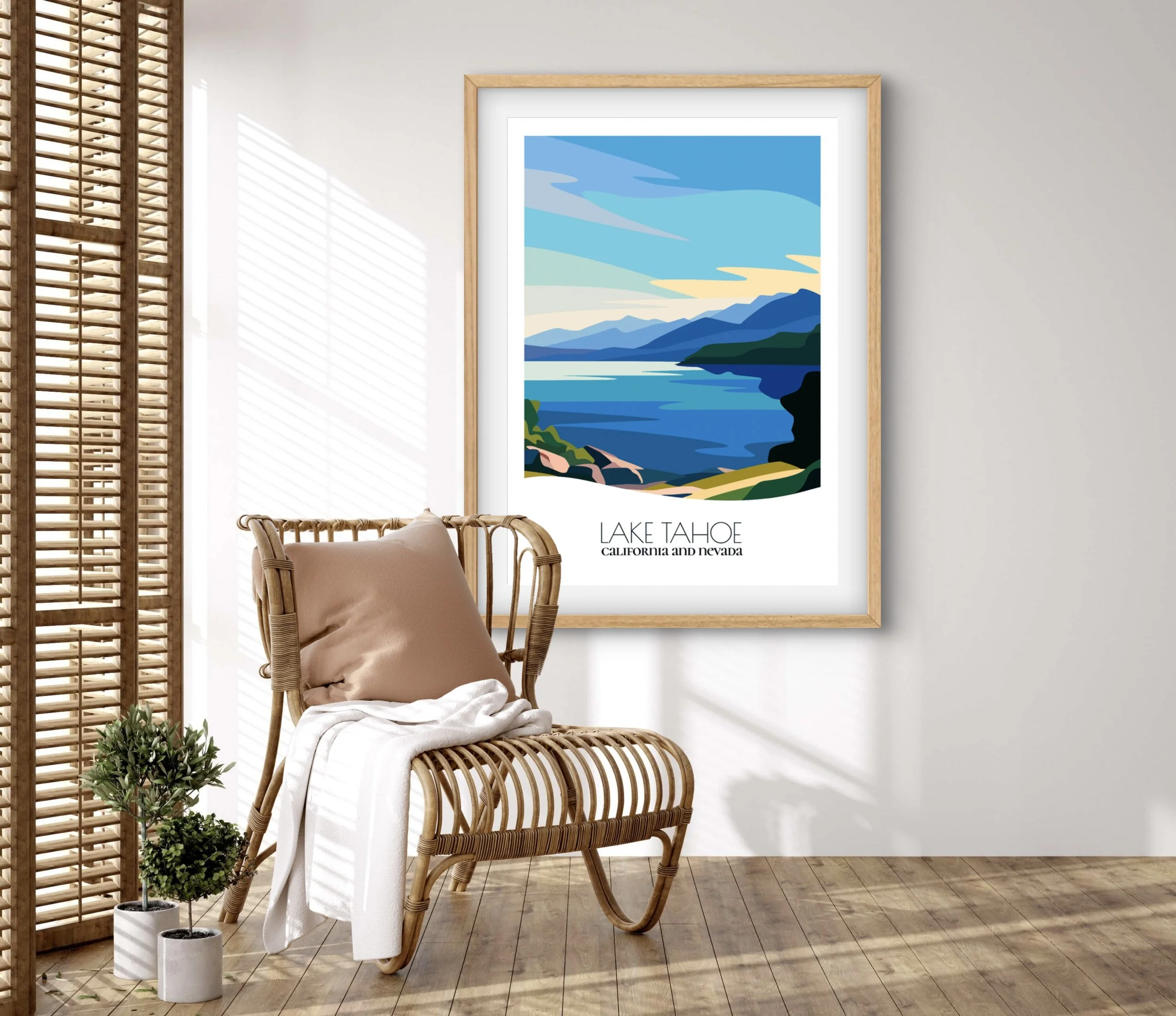 Retravell minimalist poster of Lake Tahoe, branded travel art for collectors and fans.