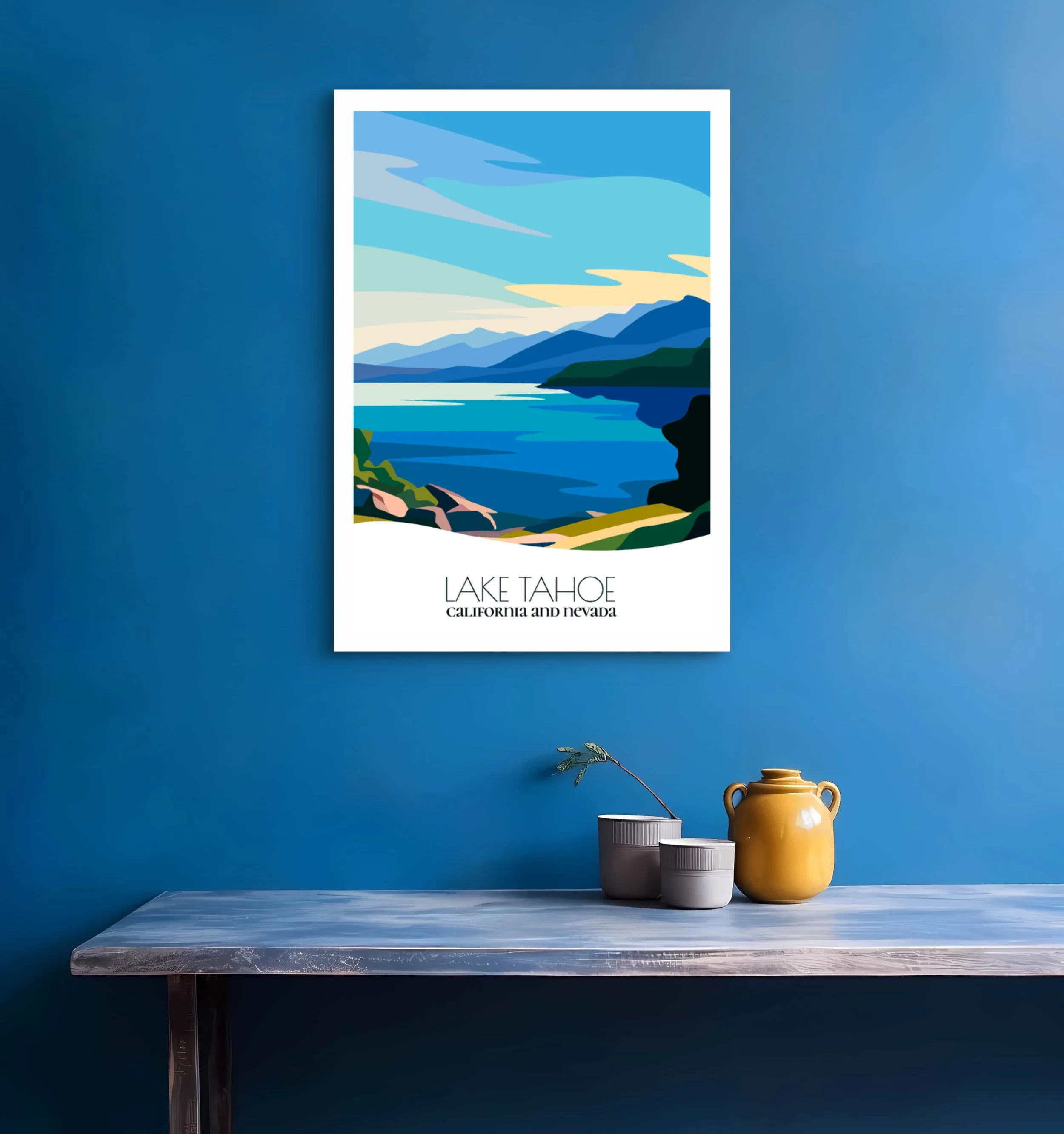Bedroom print of Lake Tahoe with calming minimalist composition for California and Nevada homes.