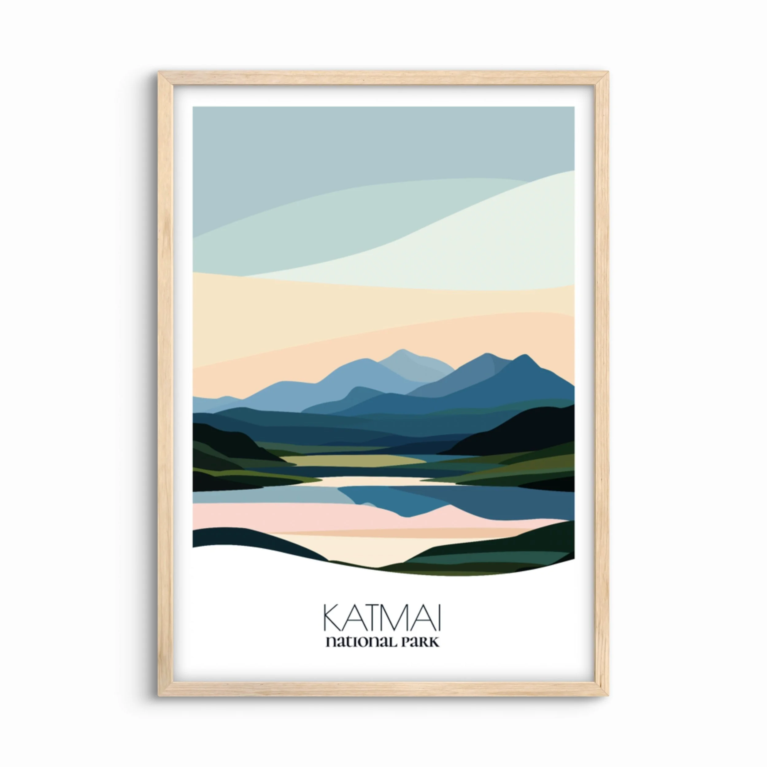 Minimalist travel poster of Katmai National Park, perfect gift for visitors in Alaska.