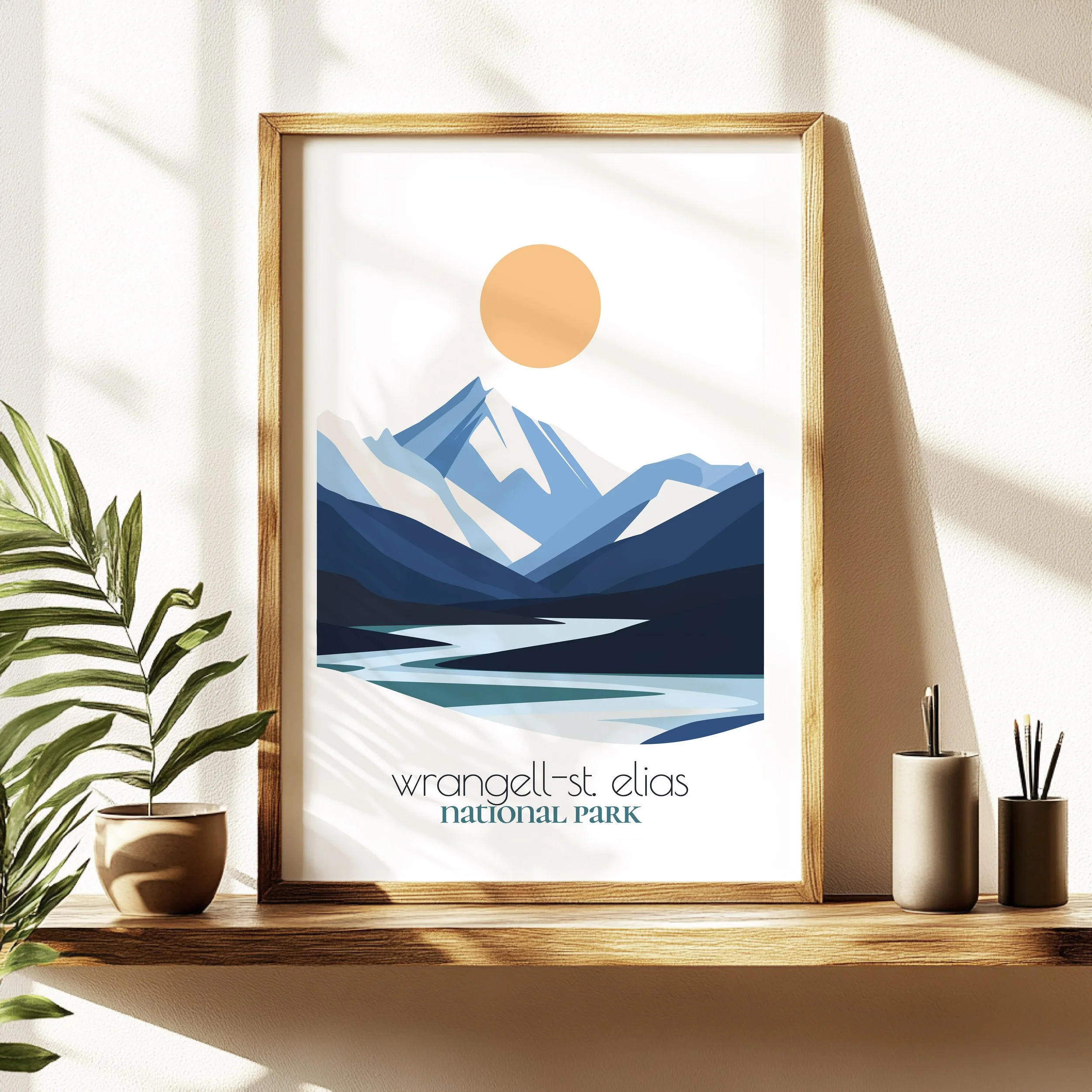 wrangell st elias travel poster in a minimalist living room design