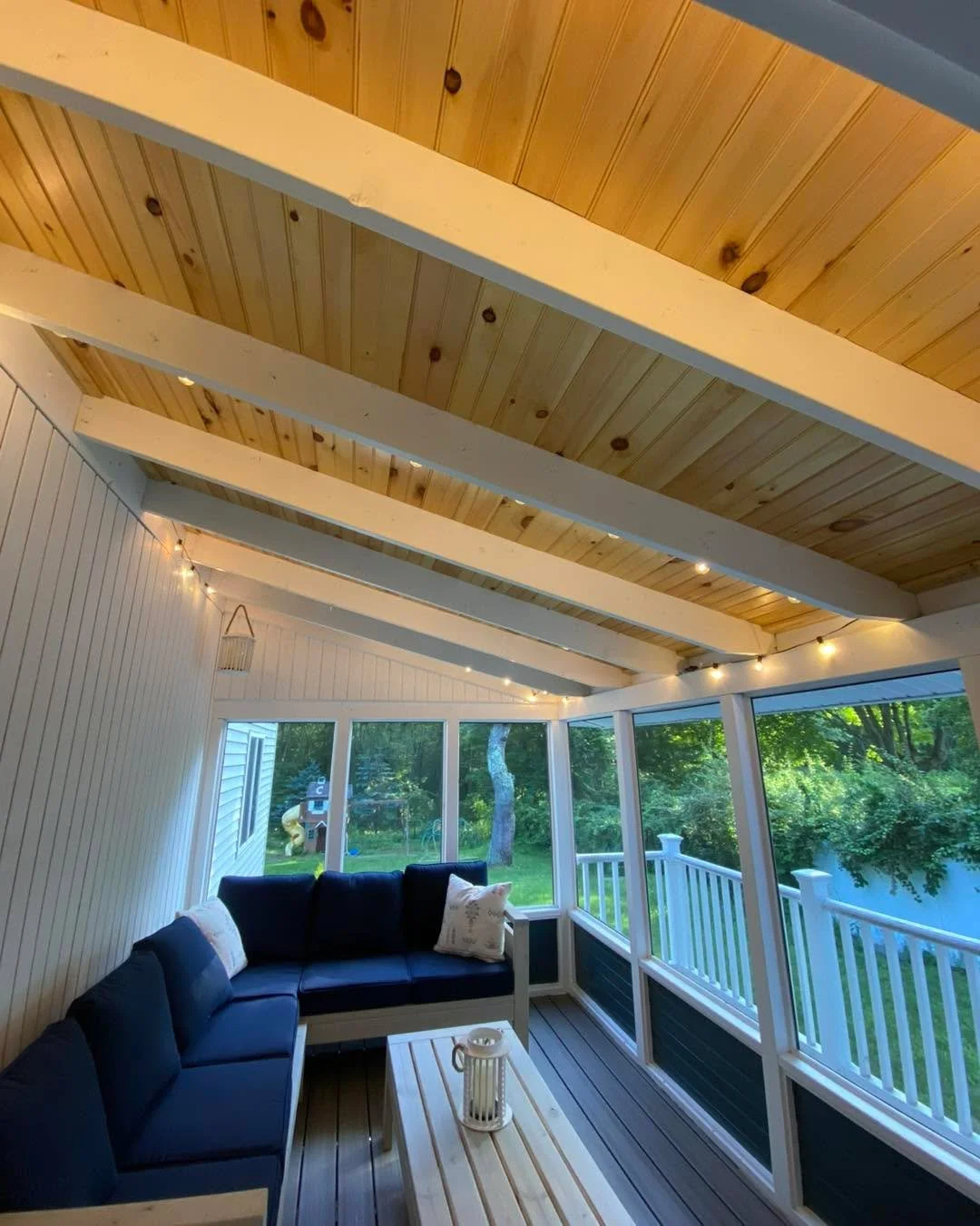 Gave this screened-in porch a much-needed refresh 🌿 New Trex decking, vinyl fascia and skirting, tongue &amp; groove ceiling, plus a fresh coat of paint to finish it