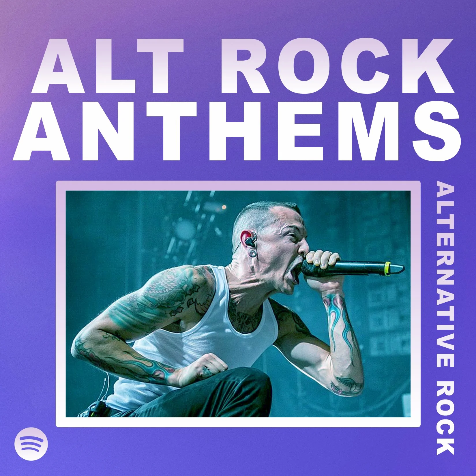 Spotify playlist cover titled 'Alt Rock Anthems' featuring a photo of a tattooed male singer passionately singing into a microphone during a concert, set against a purple background.