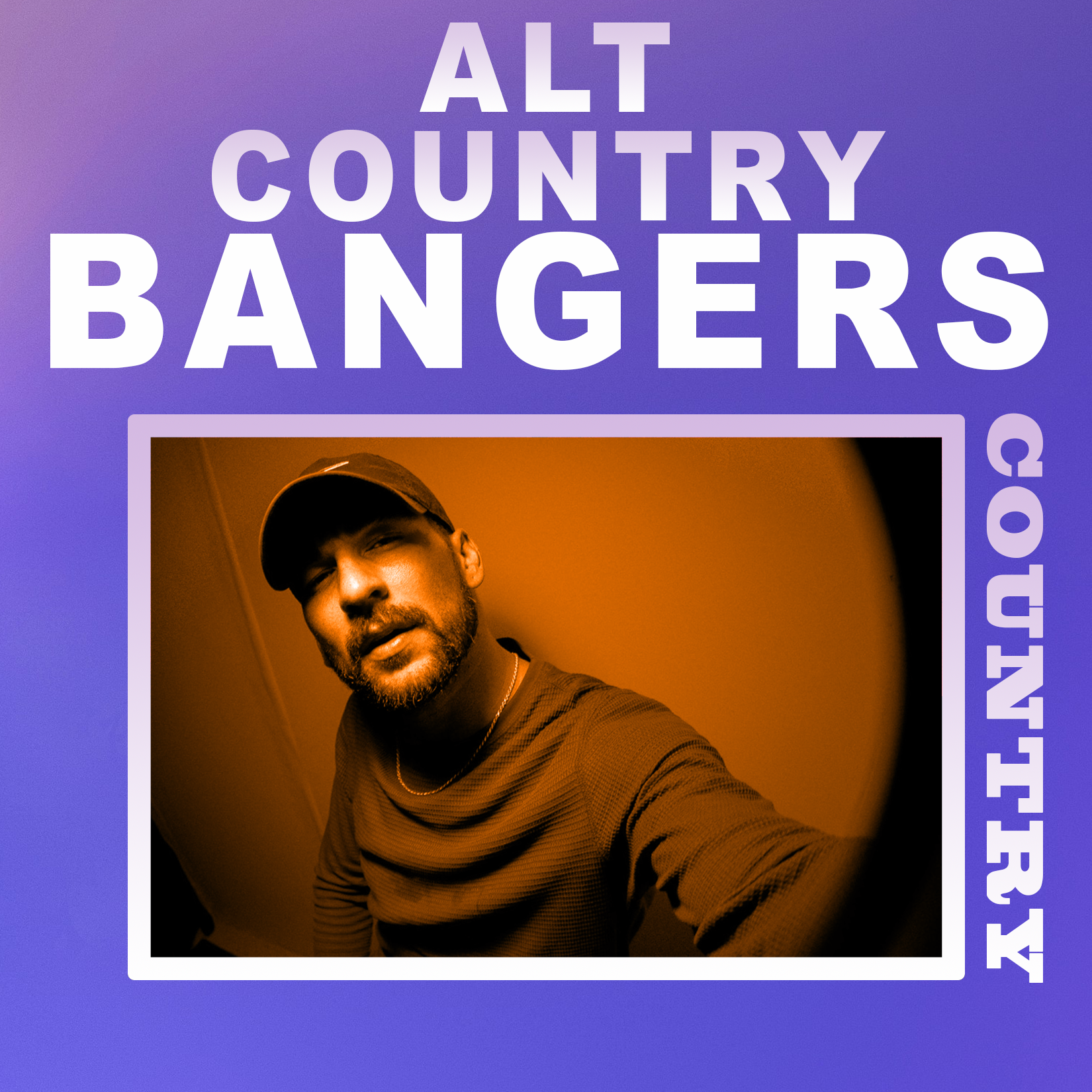Promotional graphic featuring a man in a brown shirt and black cap, with the text 'Alt Country Bangers Collection' in bold purple letters on a purple gradient background.
