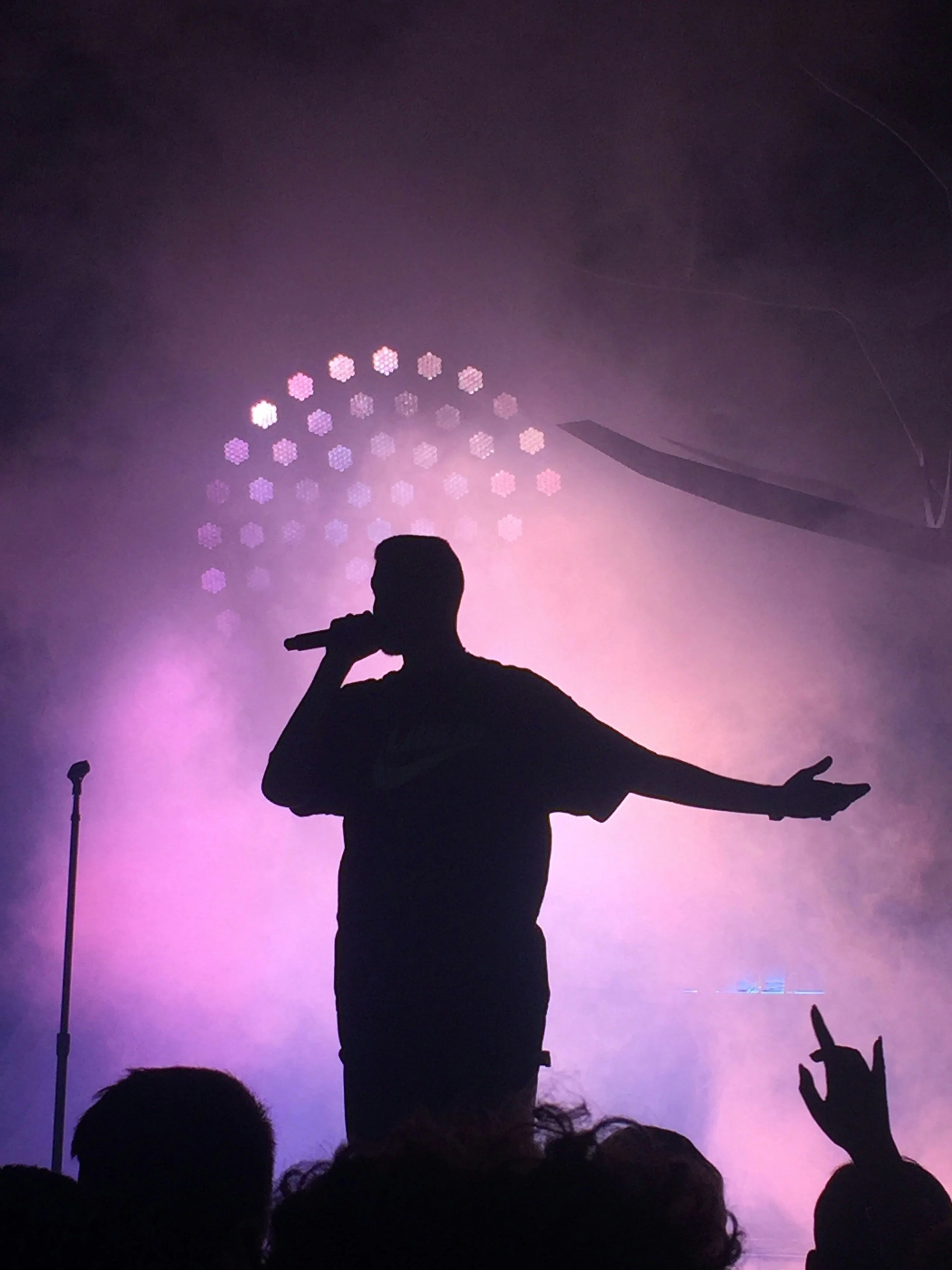 Silhouette of a man singing into a microphone on stage with pink and purple lighting and audience members in front.