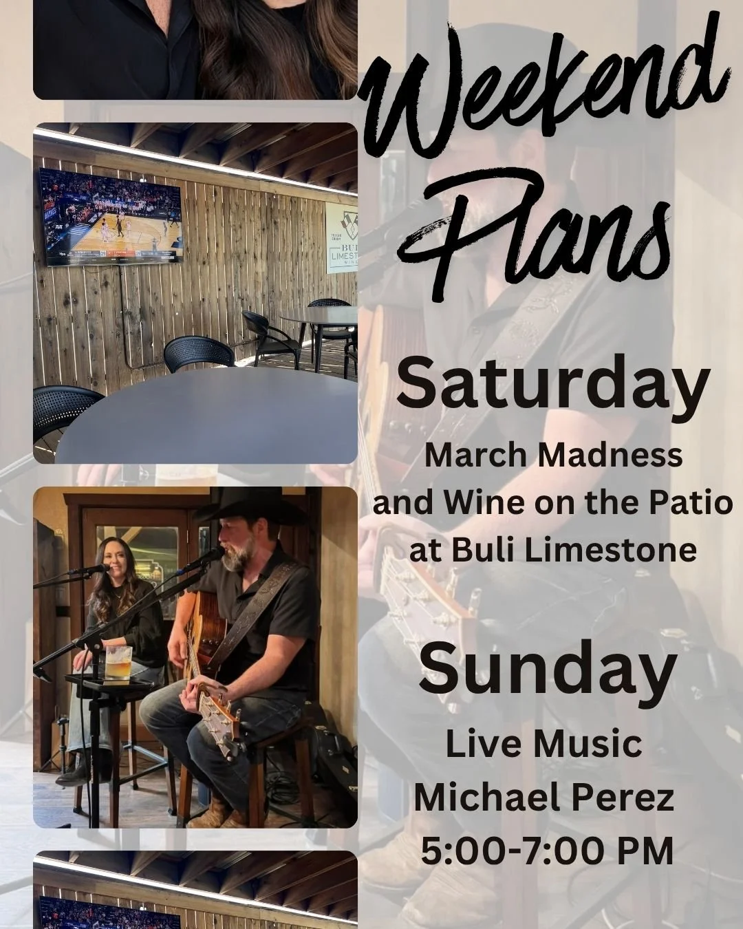 March Madness will be playing on the patio all weekend, and Michael Perez will be live on Sunday from 5-7pm. See y'all soon!