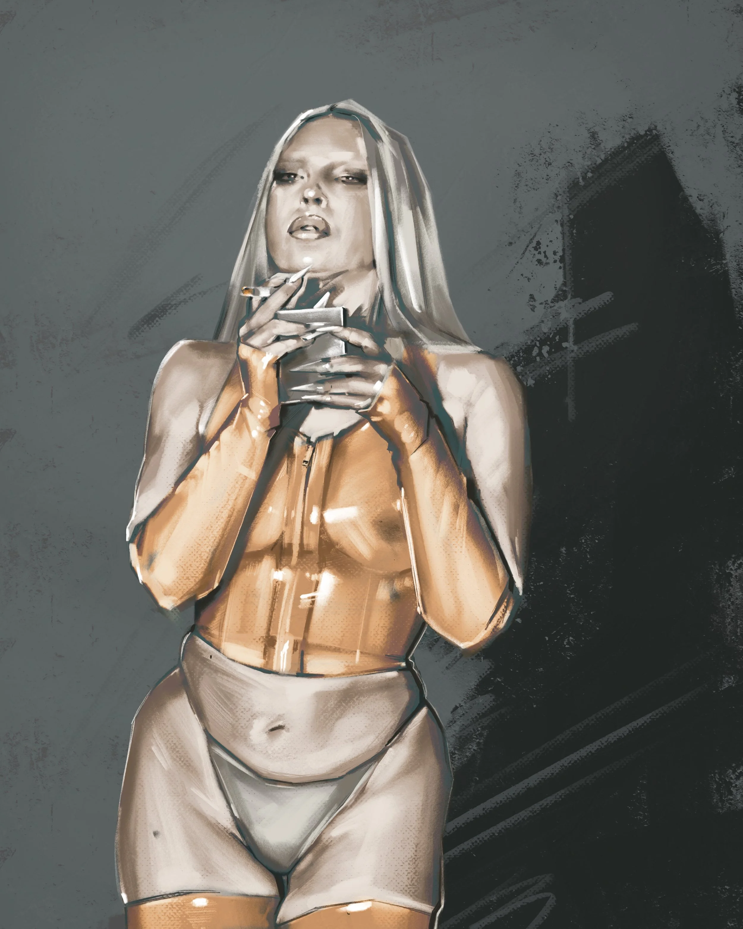 Digital painting of a woman with platinum blonde hair, wearing a shiny copper-colored jacket and metallic gloves, holding a cigarette. The background is dark and abstract.