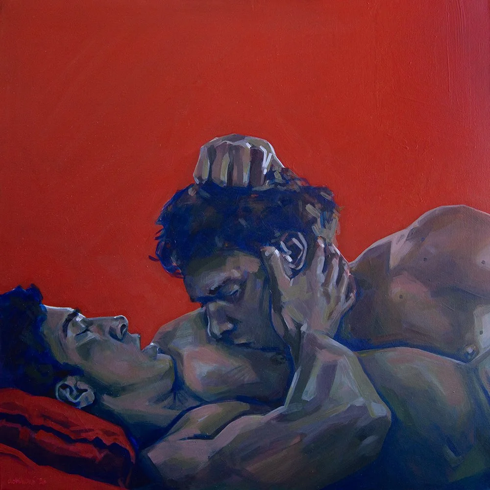 A digital painting of two shirtless men in an intimate moment, with one lying on a red pillow and the other leaning over him against a red background.