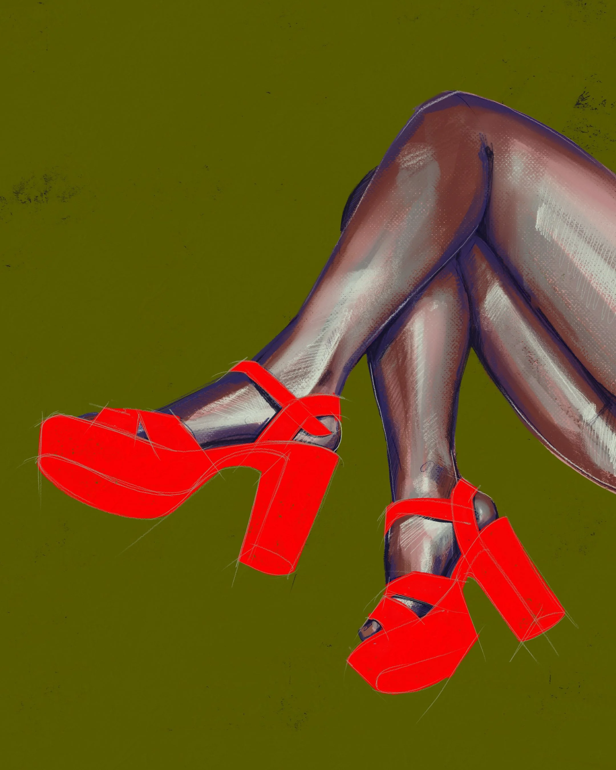 Fashion illustration of a woman in a red dress and high-heeled shoes sitting on a chair with crossed legs, against an olive-green background.