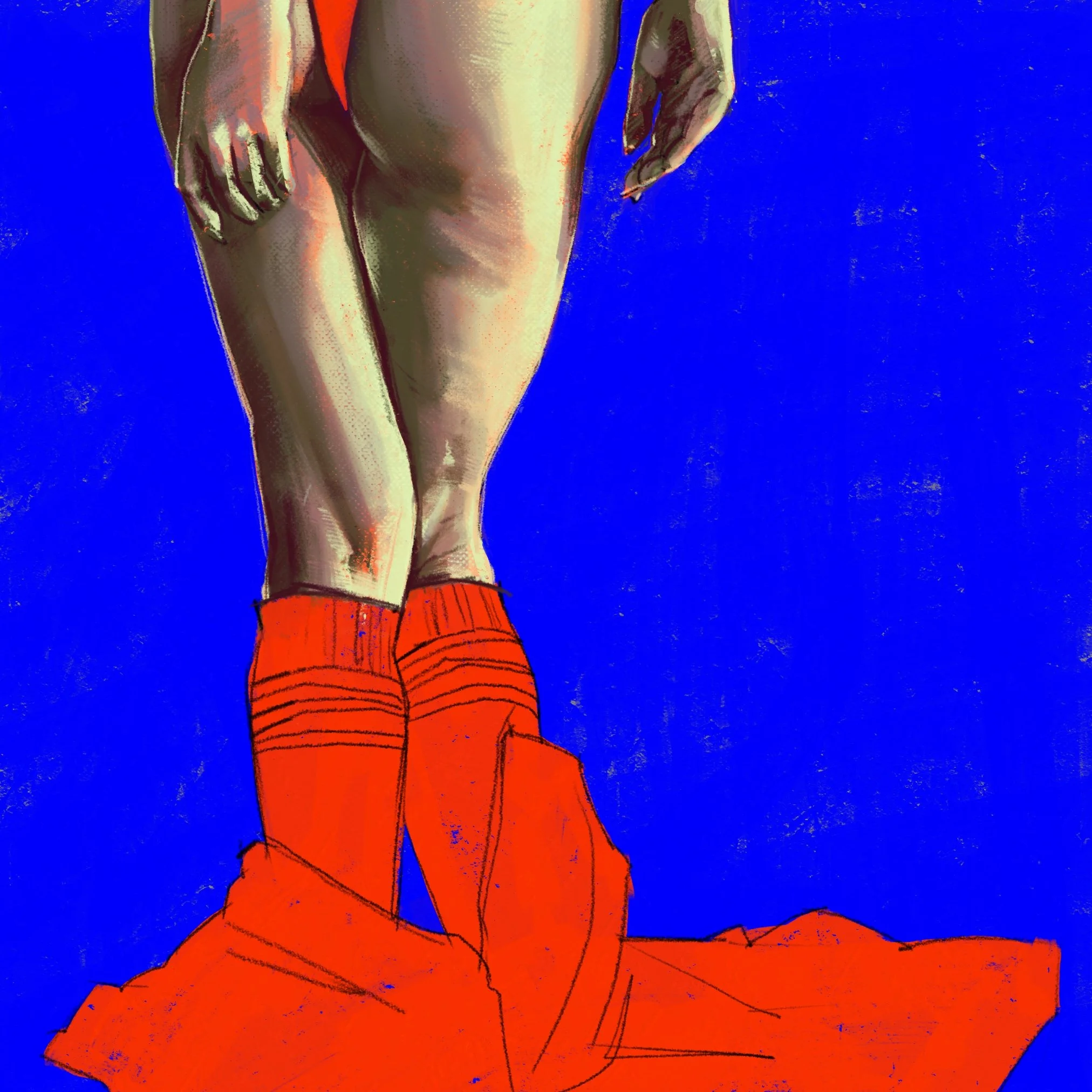 Part of a comic-style illustration showing a person wearing red shorts, red socks, and red shoes, against a bold blue background. The focus is on the lower body, with minimal detail of the upper body visible.