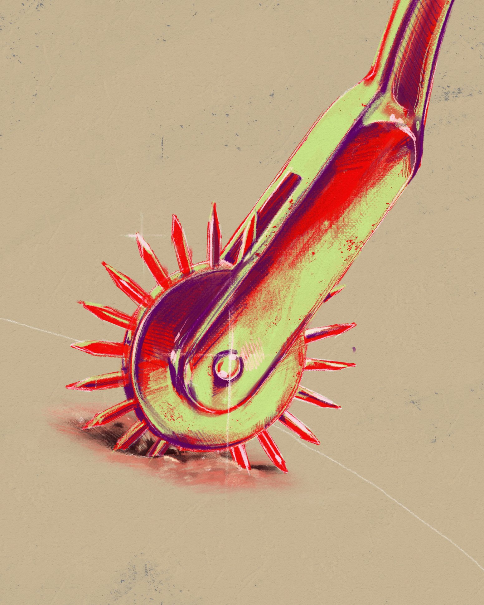 An artistic digital illustration of a pencil with a yellow body, red spikes around the bottom, and purple accents, on a plain beige background.