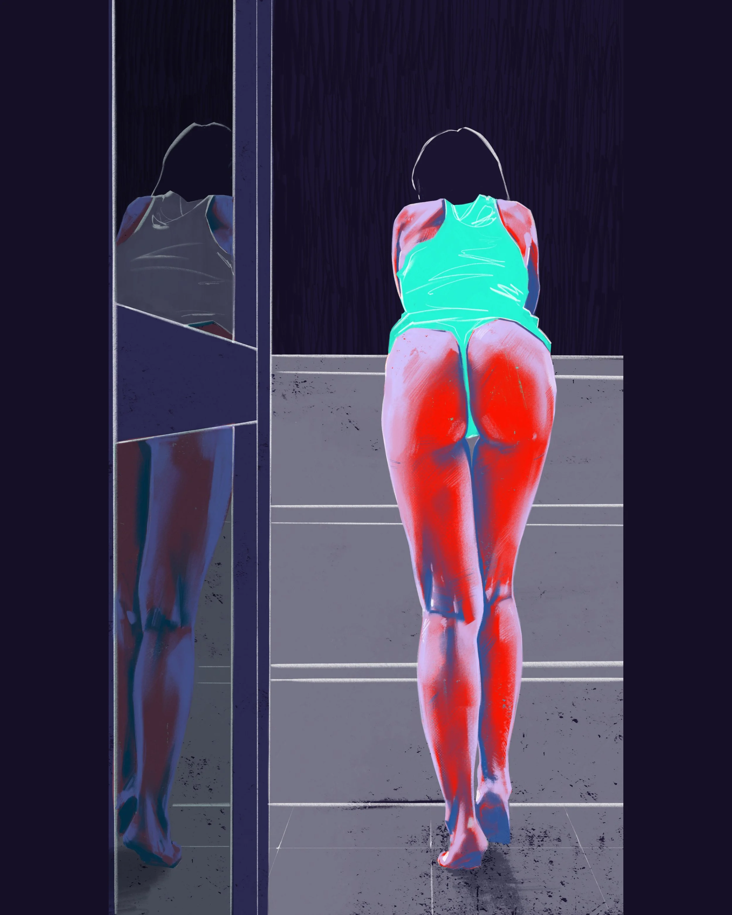 A woman in a teal tank top and pink shorts standing in front of a mirror, looking away, with a dark background.