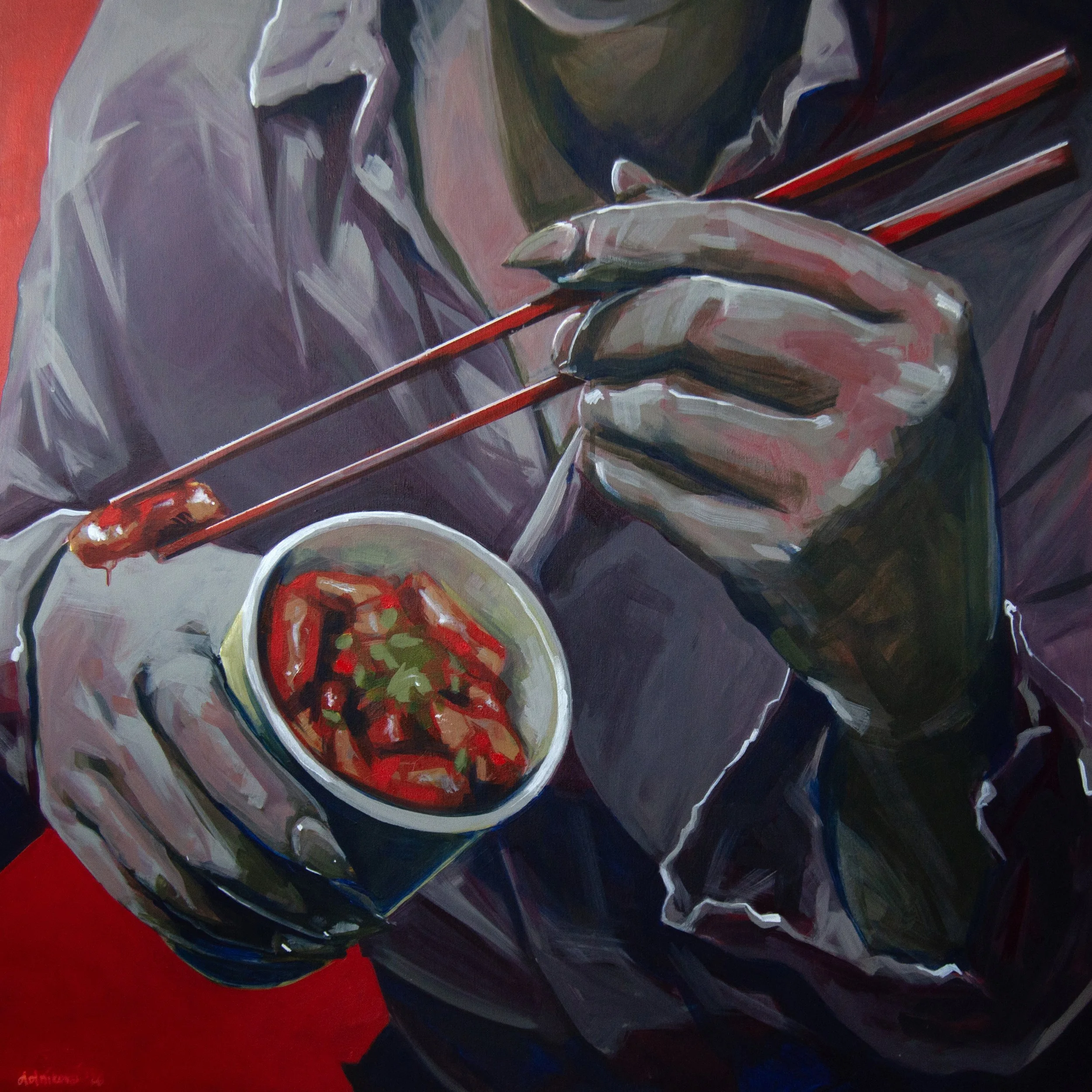 Abstract painting of a hand holding a paintbrush with a red and dark background.