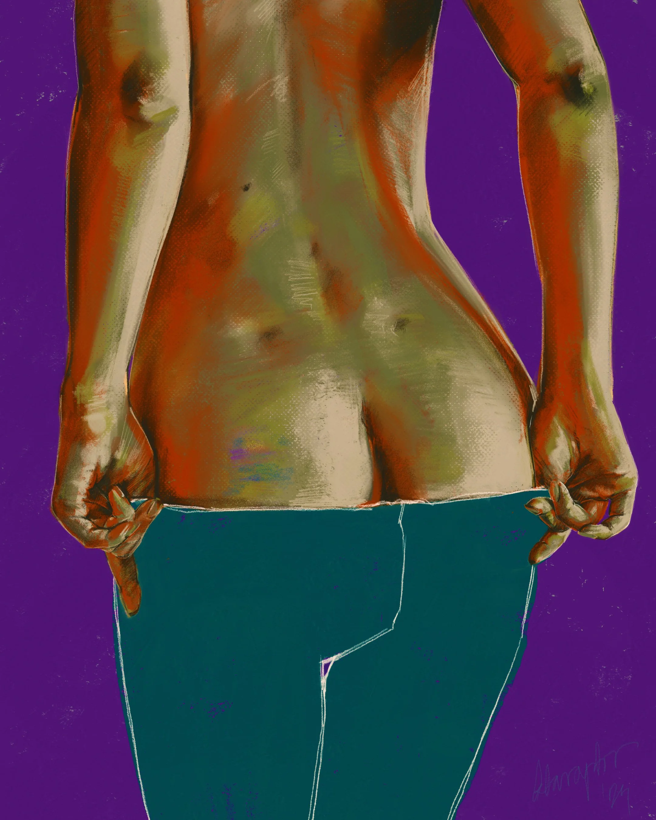 Digital artwork of a human torso with arms folded against a purple background, featuring abstract rendering and bold lines.