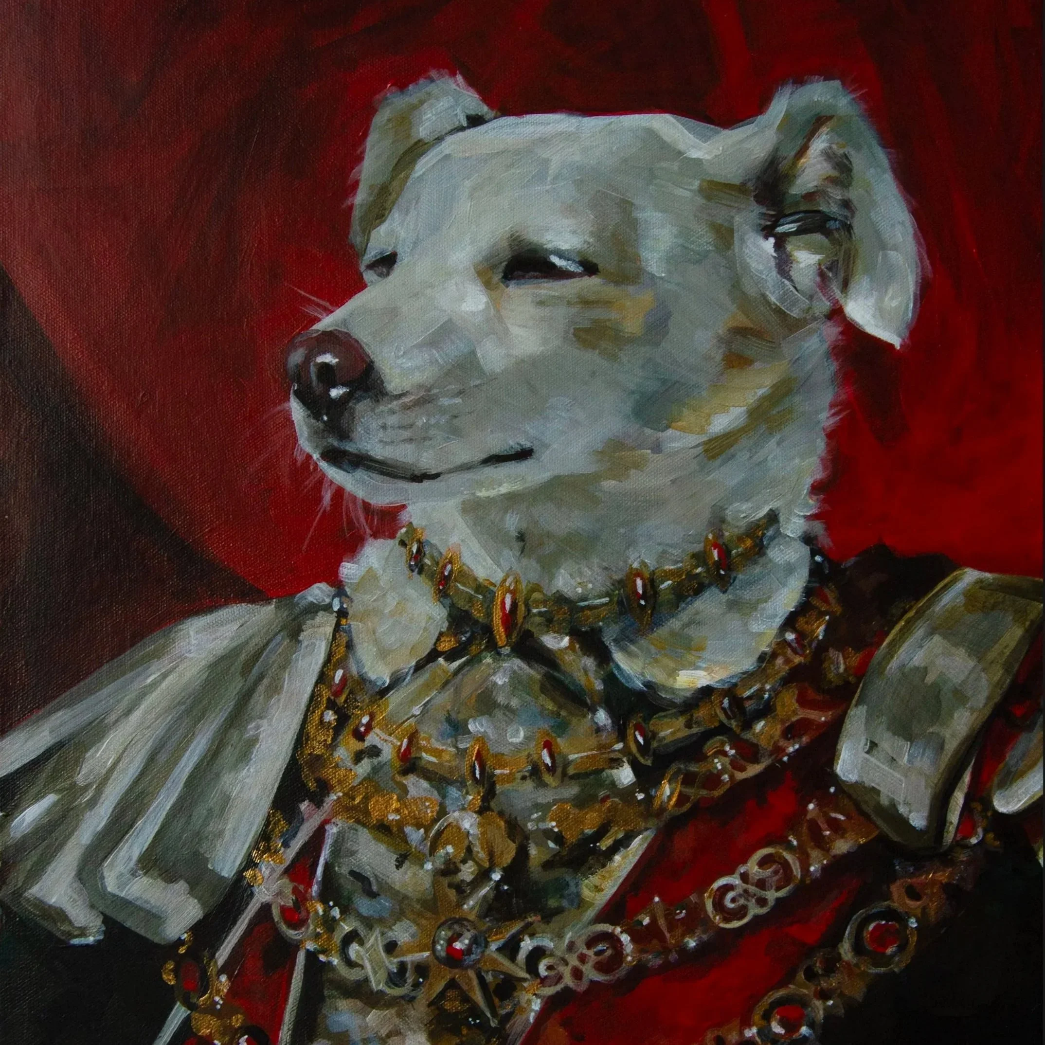 Painting of a white dog with a colorful collar lying on a red surface.