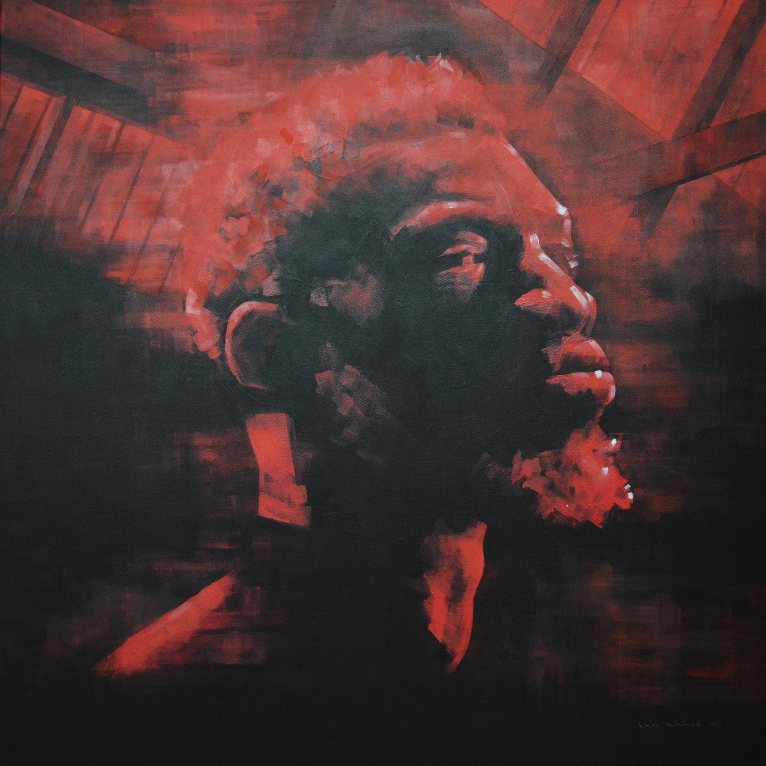 A painting of a person's face holding a red object to their lips with a red and black background.