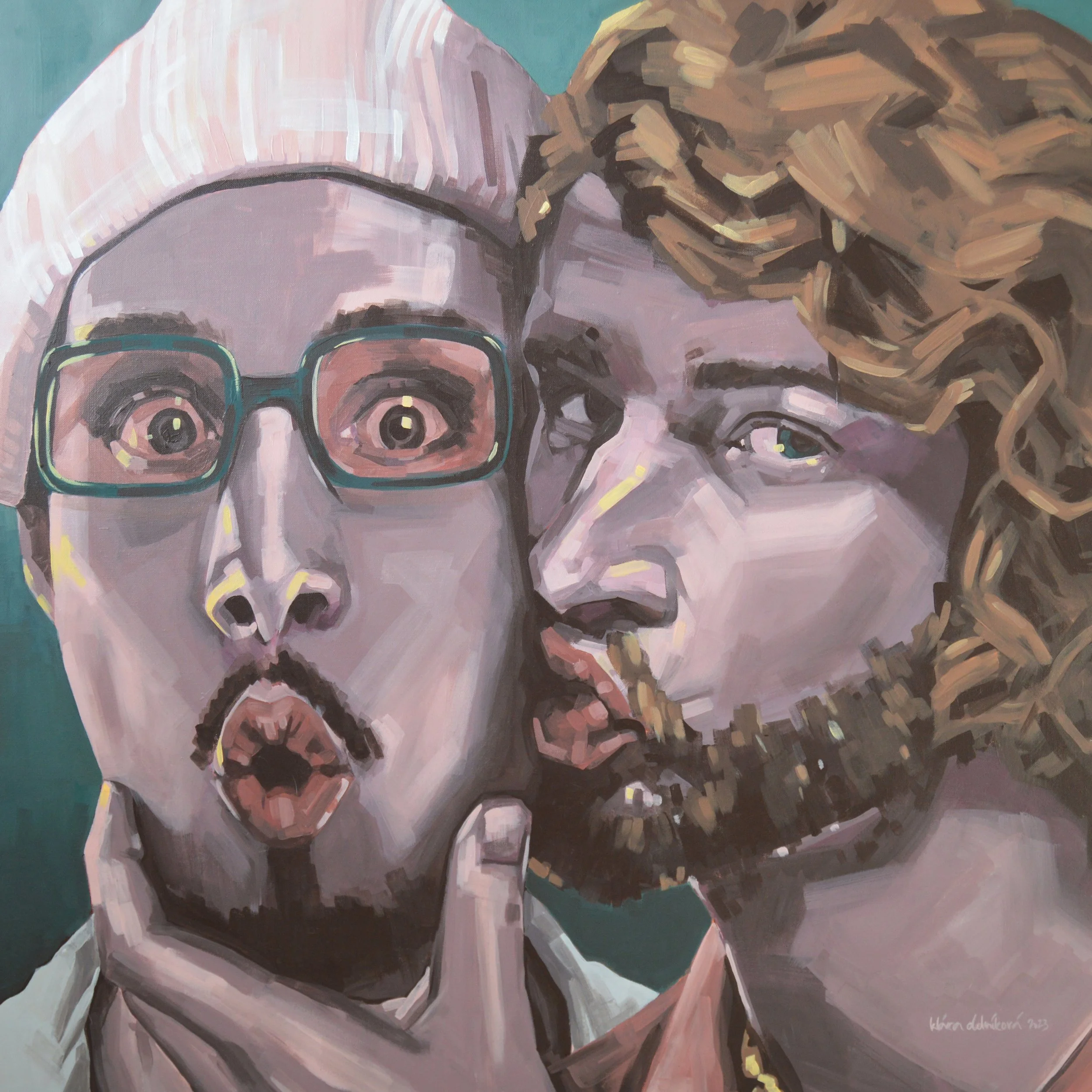 A painting of two women, one with glasses and blonde hair, the other with curly brown hair, posing closely together. The artistic style uses bold, visible brushstrokes with a mix of pastel and earthy colors.