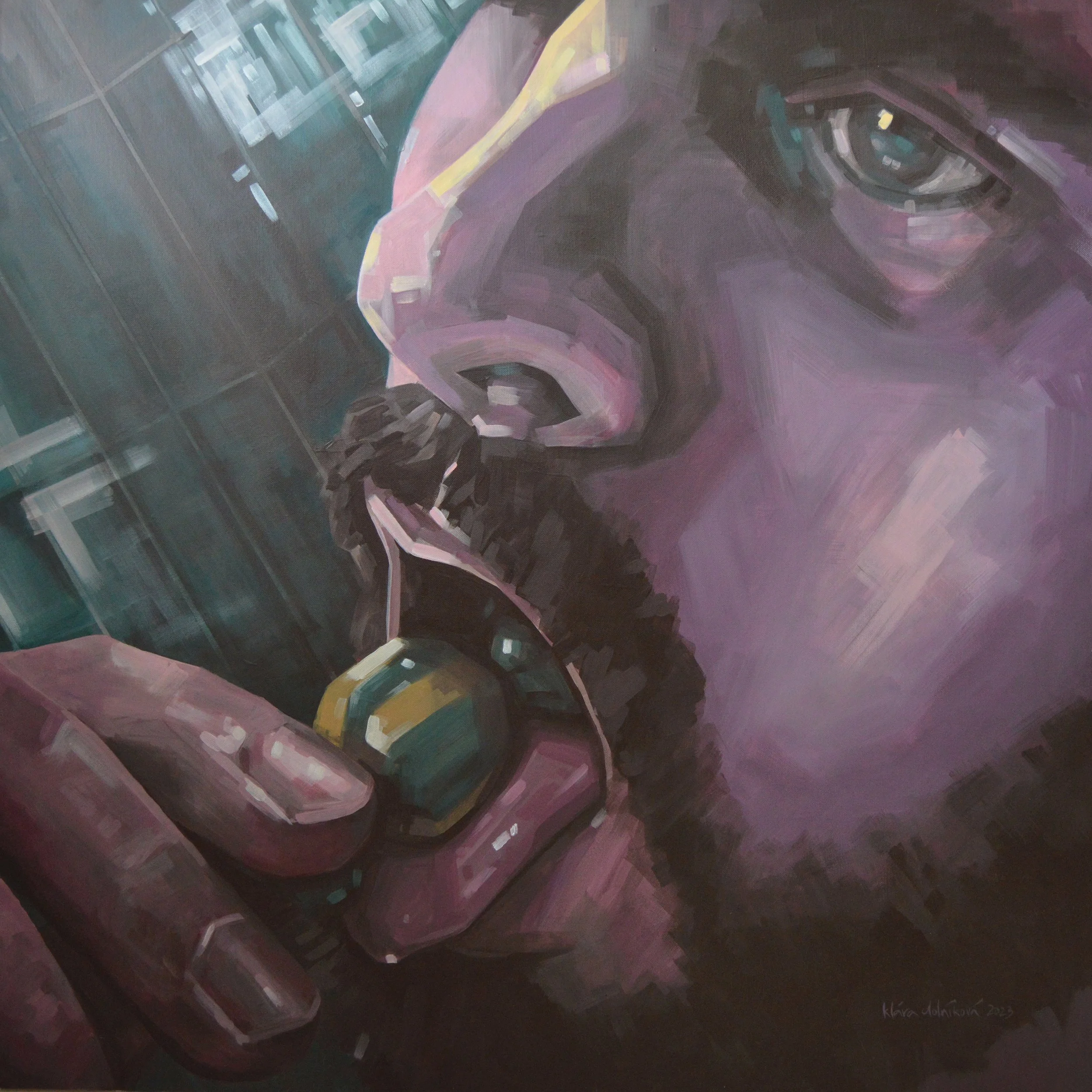 A close-up abstract painting of a person's face with glasses, painted in shades of purple, pink, gray, and teal.