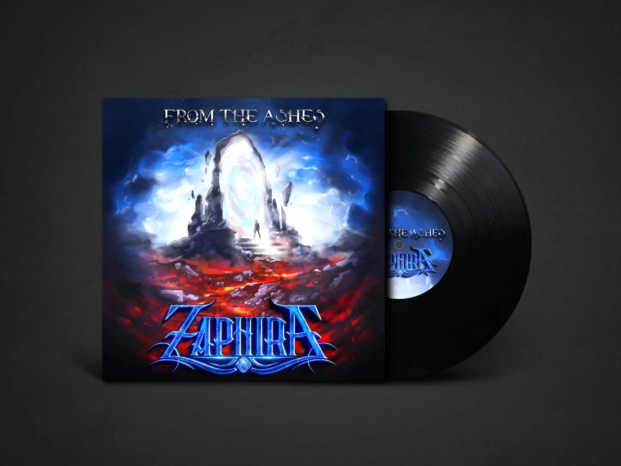 Vinyl record and album cover titled 'From the Ashes' with artwork depicting a portal with glowing light, a mountain silhouette, and fiery elements.