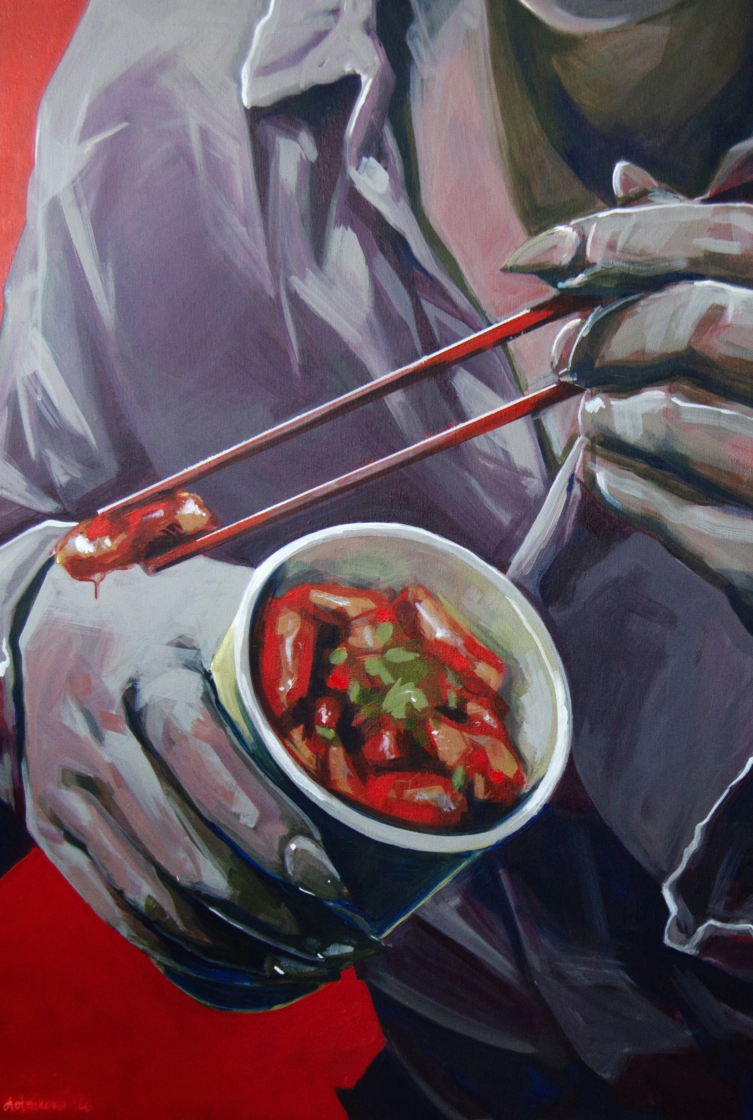 An abstract painting of a hand holding chopsticks with a bowl of food, possibly salad, in front of a red background.