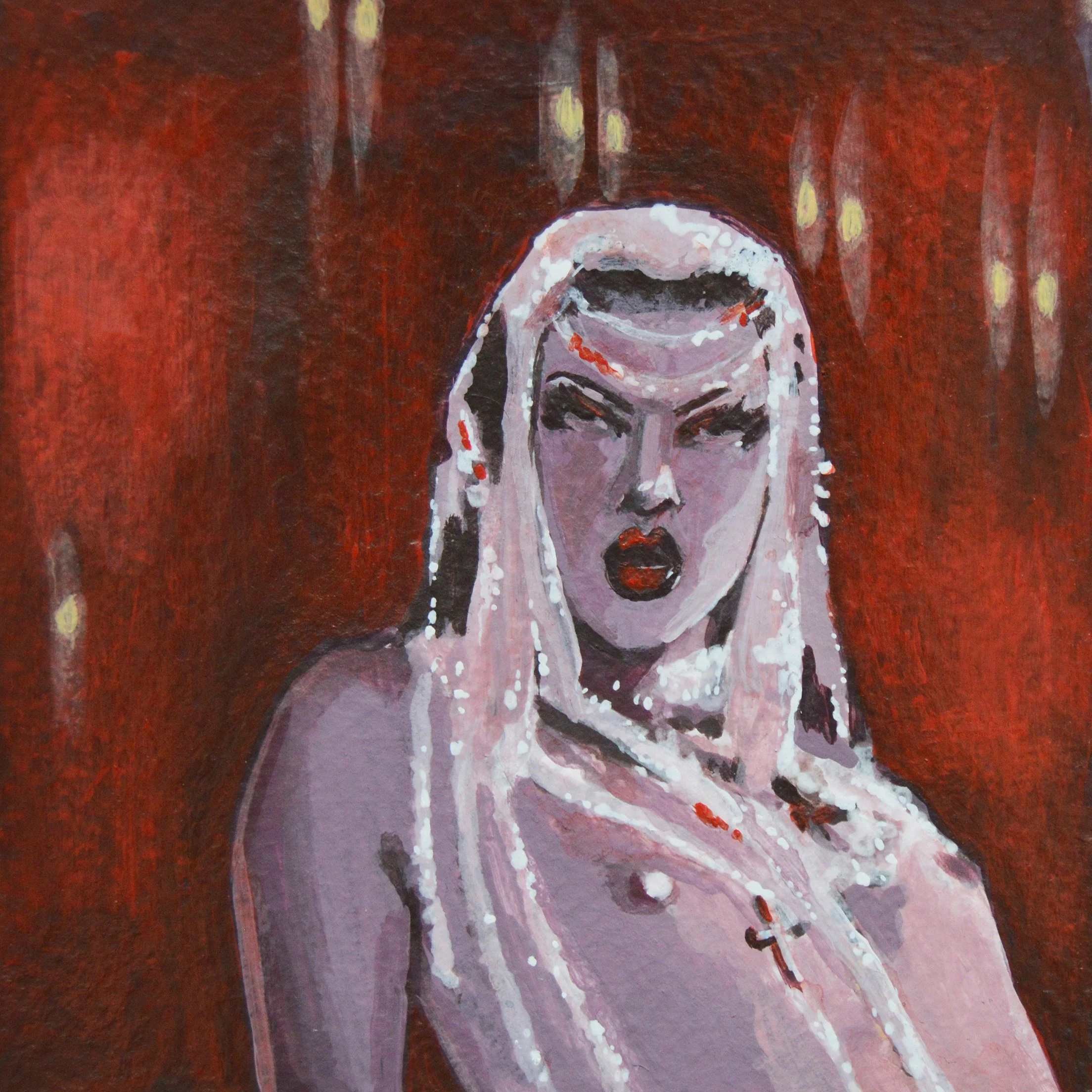 Abstract painting of a woman's face with her eyes closed, painted with shades of pink, purple, and white, set against a red background with yellow accents.