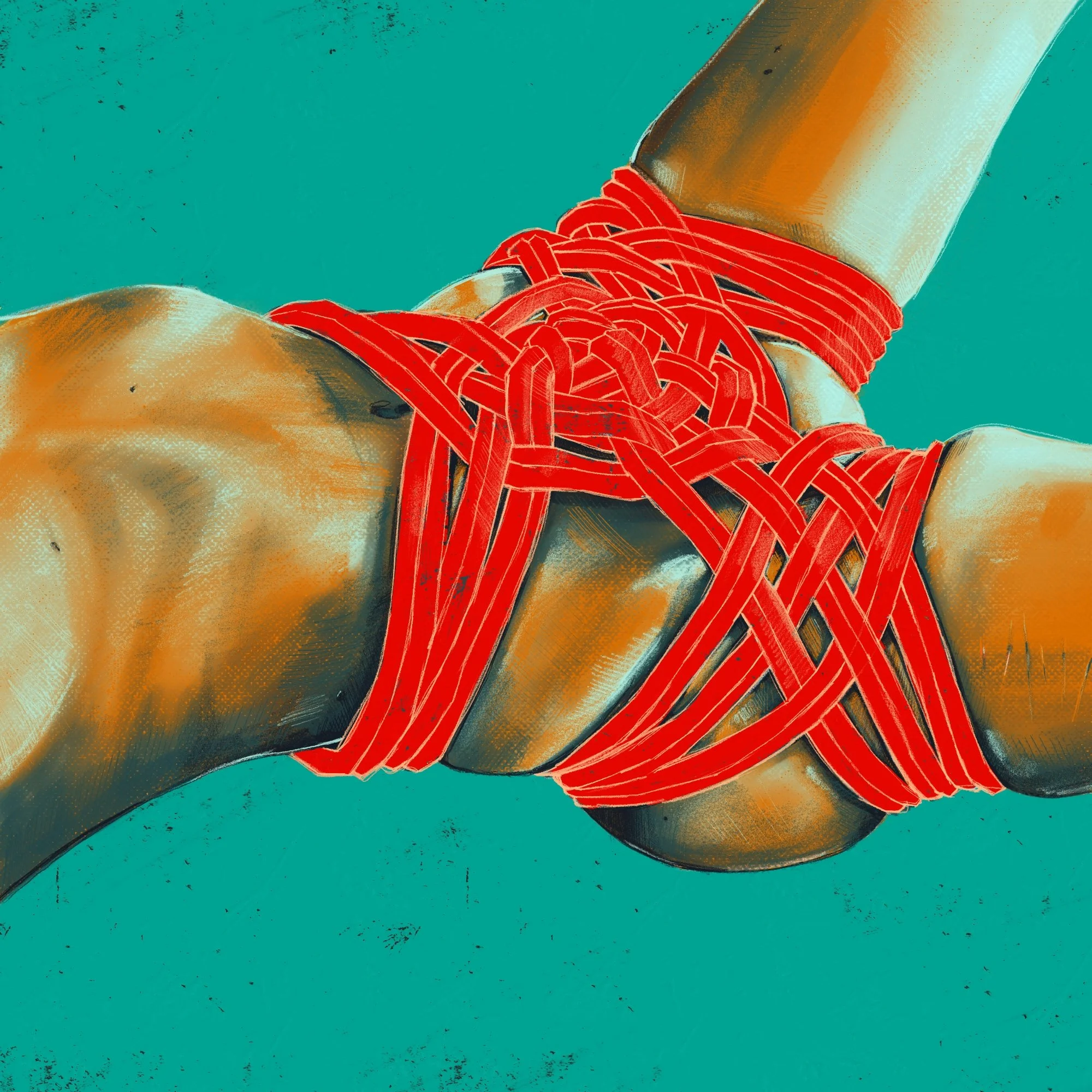 A close-up of an anatomical illustration of a human arm bound with red ropes from the wrist to the elbow, set against a teal background with speckled texture.