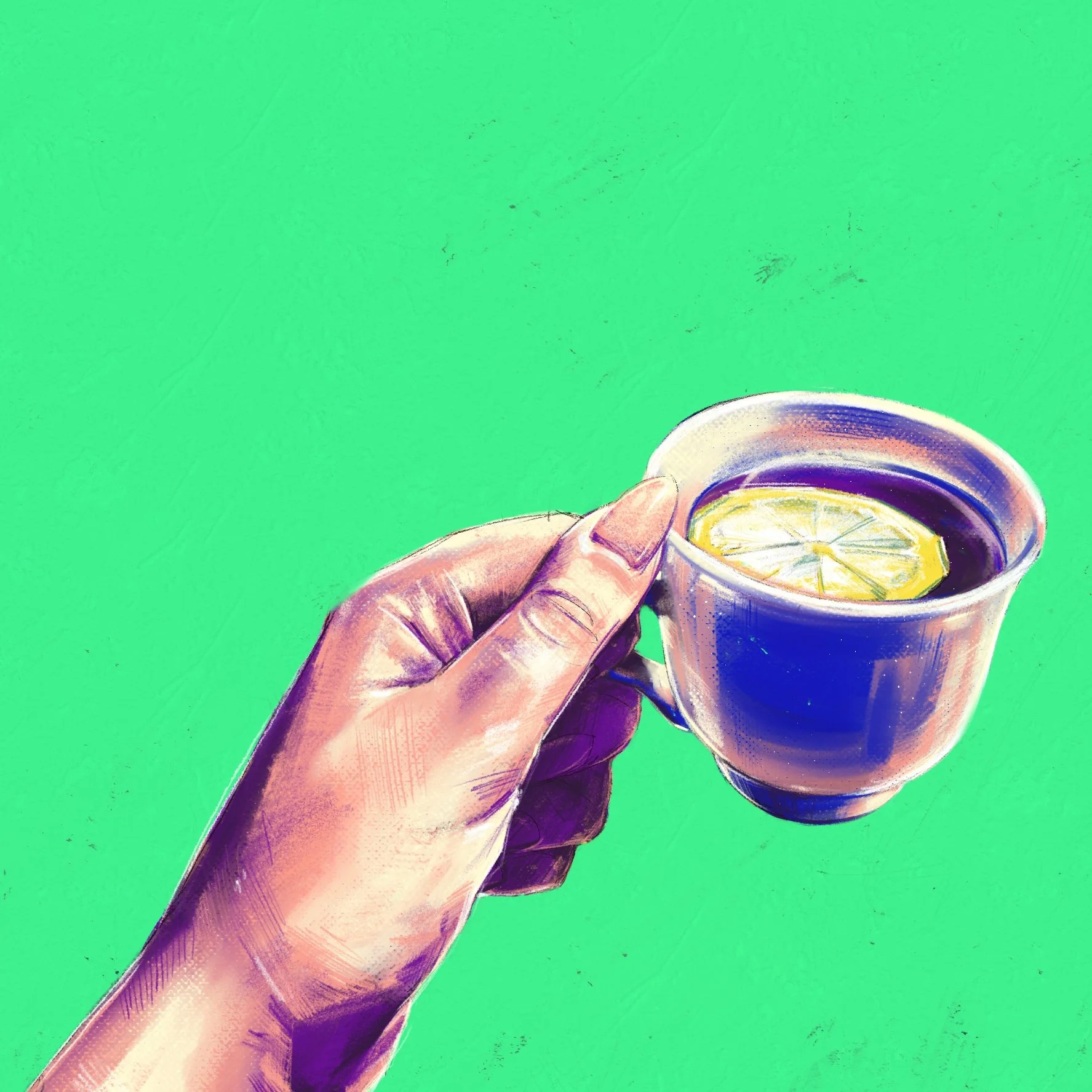 A hand holding a cup of coffee with a slice of lemon inside, against a green background.
