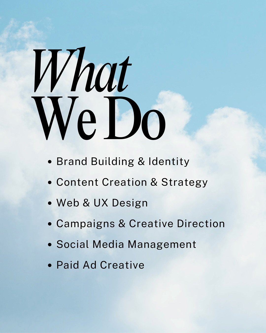 A little strategy, a little magic ✨
Here&rsquo;s what we offer ☁️ crafted with intention and rooted in connection. 
From visuals to voice, we help bring your brand to life. 🪄 Learn more with the link in our bio 

#VisualStorytelling #SoulfulBranding