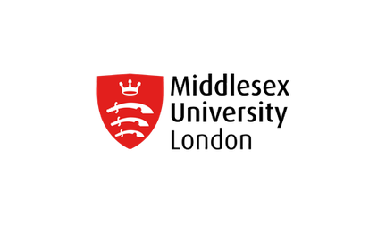 Middlesex University London logo with red shield featuring a crown and three fish.