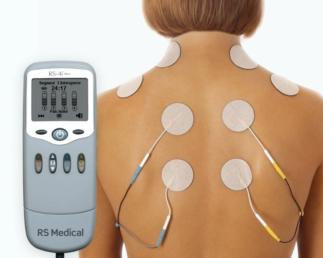 Back view of women wearing electrodes. RS-4i Plus device is on the left. 