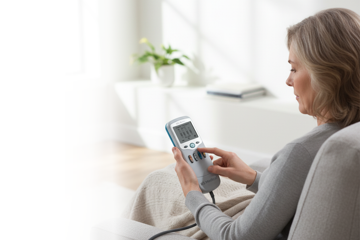 A woman sitting on a beige couch using the RS-4i Plus.