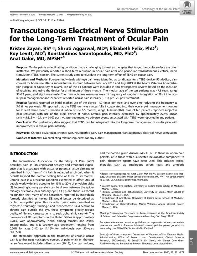 Transcutaneous Electrical Nerve Stimulation for the Long-Term Treatment of Ocular Pain study