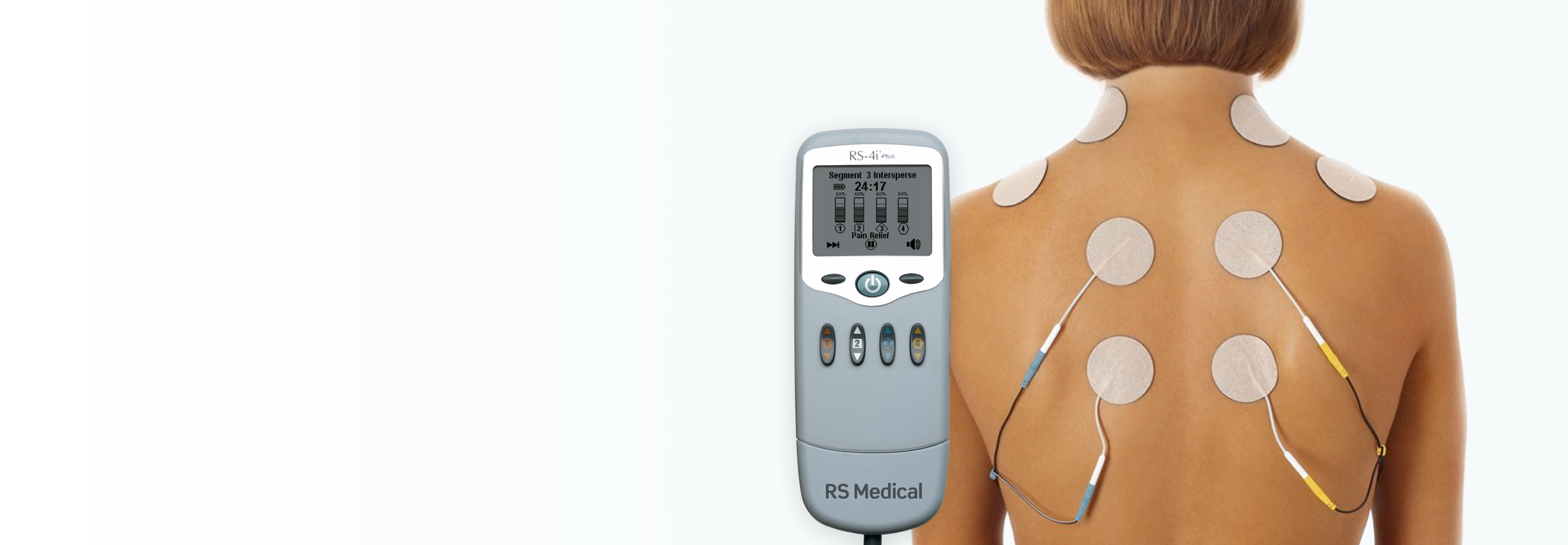Back view of a woman with electrodes on her back. RS-4i Plus device on the left side.