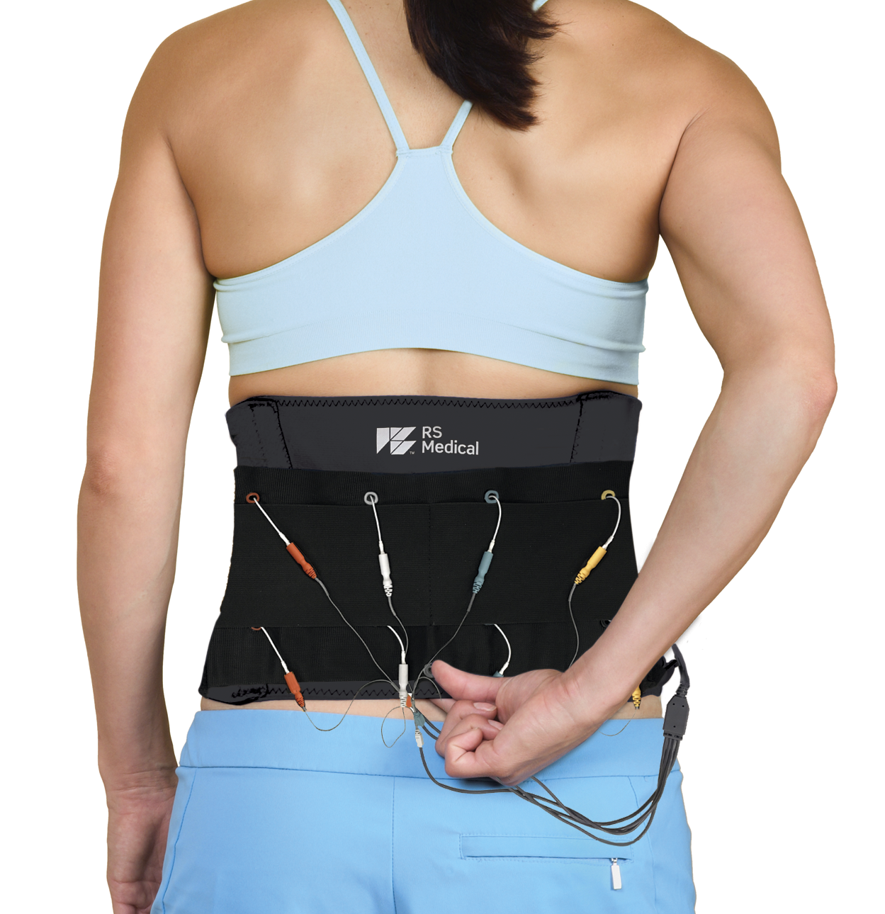 A woman wearing a light blue sports bra and blue shorts wearing RS-LBG Low Back Garment.