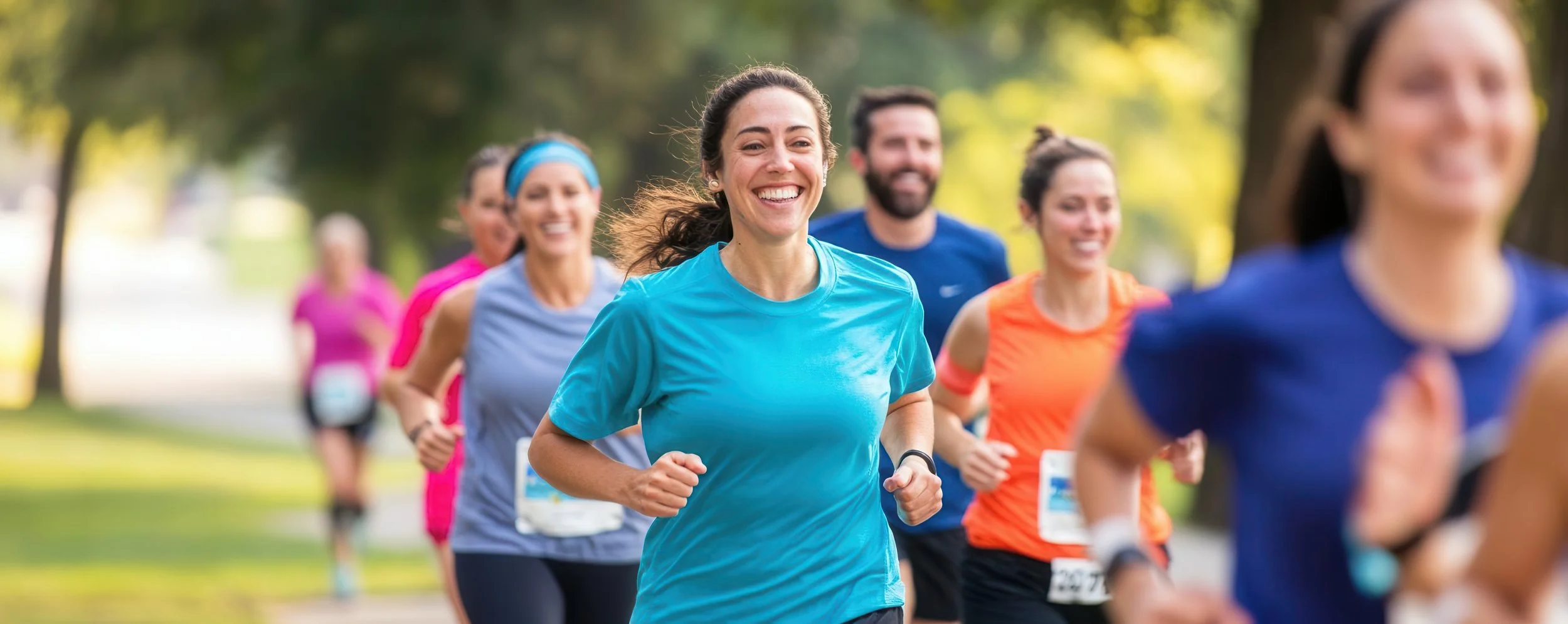 Group of runners participating in a race outdoors, smiling and running on a park path with trees and sunlight in the background.