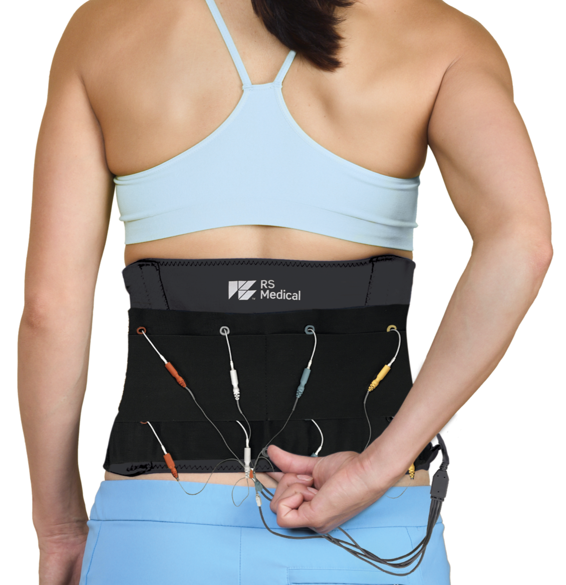 Person wearing a RS-LBG Low Back Garment device around their waist.