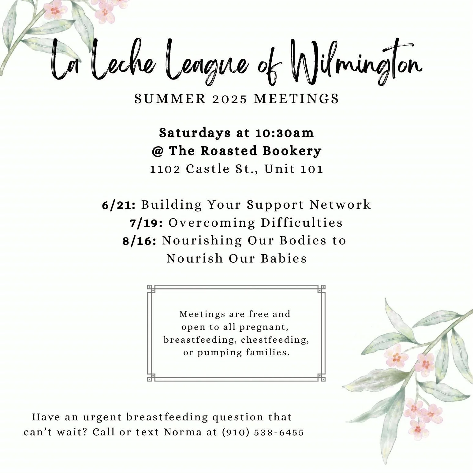 Coming up this Saturday! Connect with free breastfeeding support at the local @lalecheleagueofwilmington meeting August 16th.