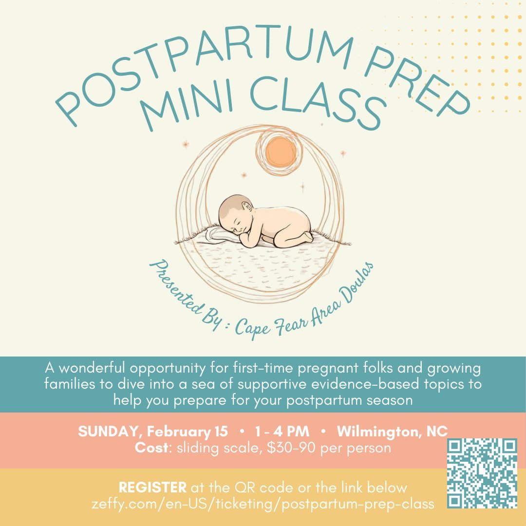 Do You Have Postpartum Questions? We&rsquo;ve Got Answers!

From healing your body to caring for your baby &mdash; the Postpartum Prep Mini Class helps you feel ready for it all. Experienced doulas from Cape Fear Area Doulas will teach practical tips