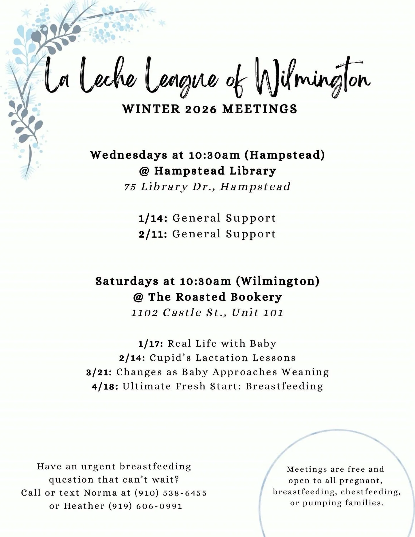 Come share community at tomorrow&rsquo;s in person @lalecheleagueofwilmington meeting at @TheRoastedBookery, a safe space to gather while sharing your breastfeeding 
/pumping triumphs and struggles.