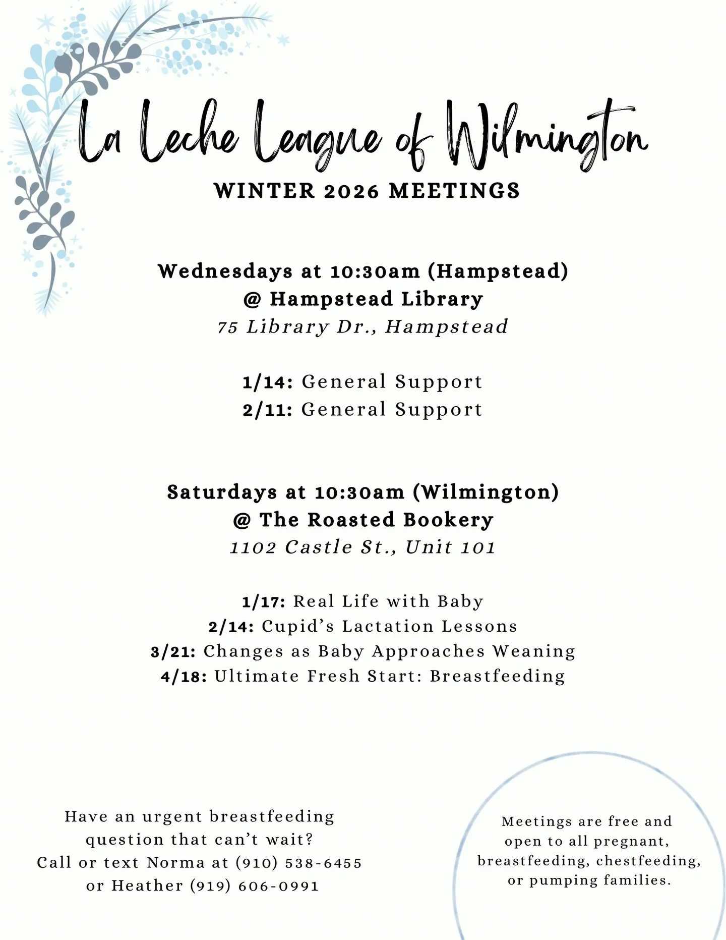 This Saturday! Plan to connect with others in the local breastfeeding community at the next @lalecheleagueofwilmington meeting.