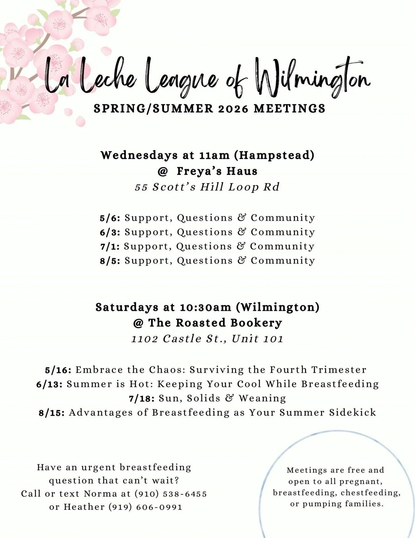 Join @lalecheleagueofwilmington for breastfeeding support and community at their spring/summer meetings!

Hampstead: Wednesdays at 11am at Freya&rsquo;s Haus (55 Scott&rsquo;s Hill Loop Rd)

May 6, June 3, July 1, August 5

Wilmington: Saturdays at 1