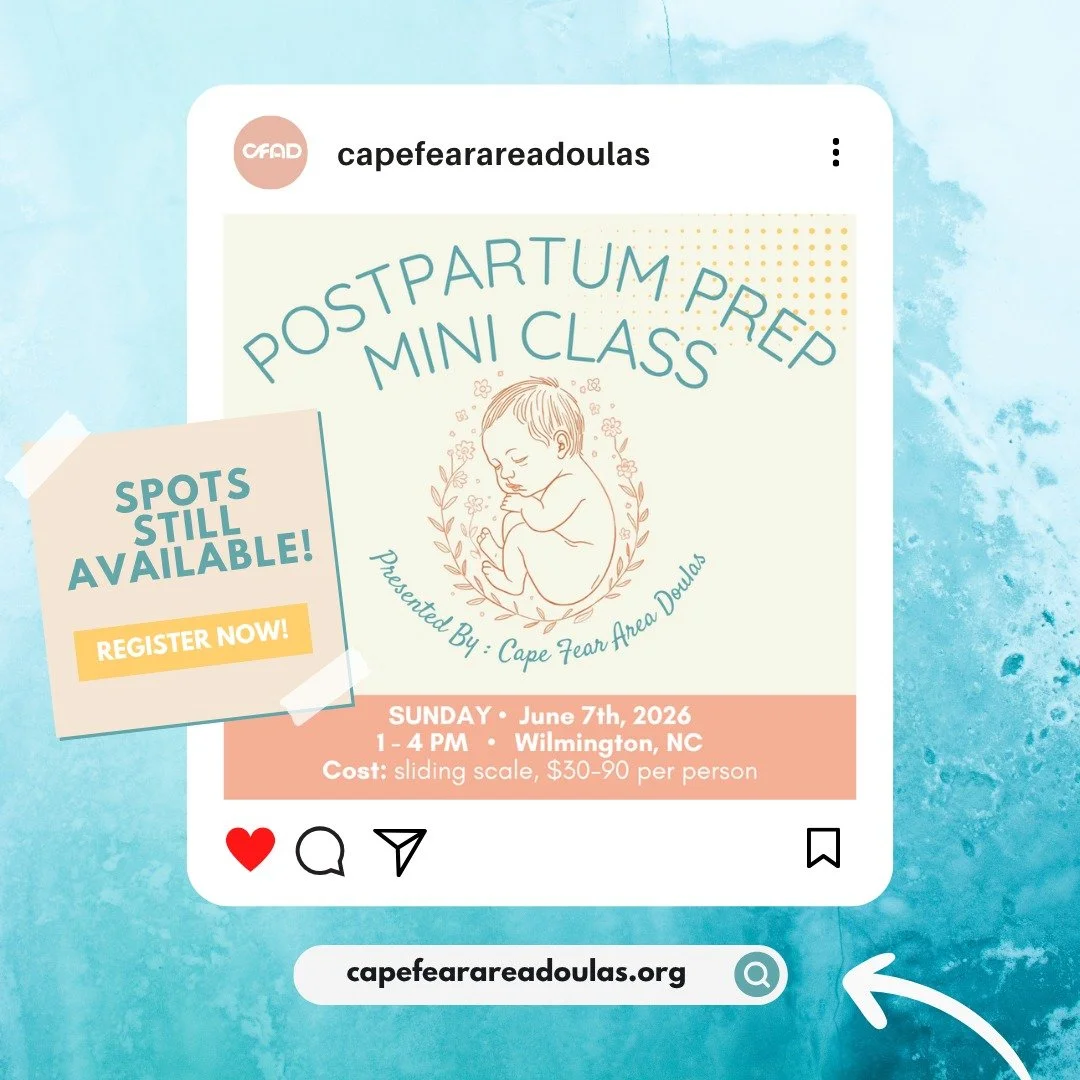 Happening THIS Sunday!
.
From healing your body to caring for your baby &mdash; this mini postpartum preparation class helps you feel ready for it all.
.
Experienced doulas from Cape Fear Area Doulas lead the Postpartum Prep Mini Class with practical
