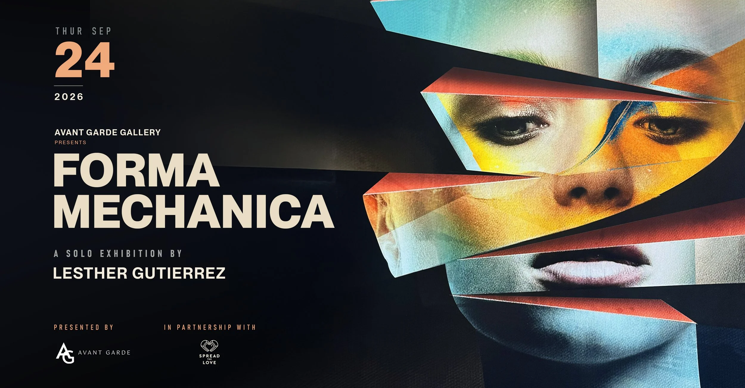 A promotional poster for an art exhibition titled 'Forma Mechanica' by artist Lester Gutierrez, featuring a stylized, fragmented image of a child's face with colorful geometric shapes.